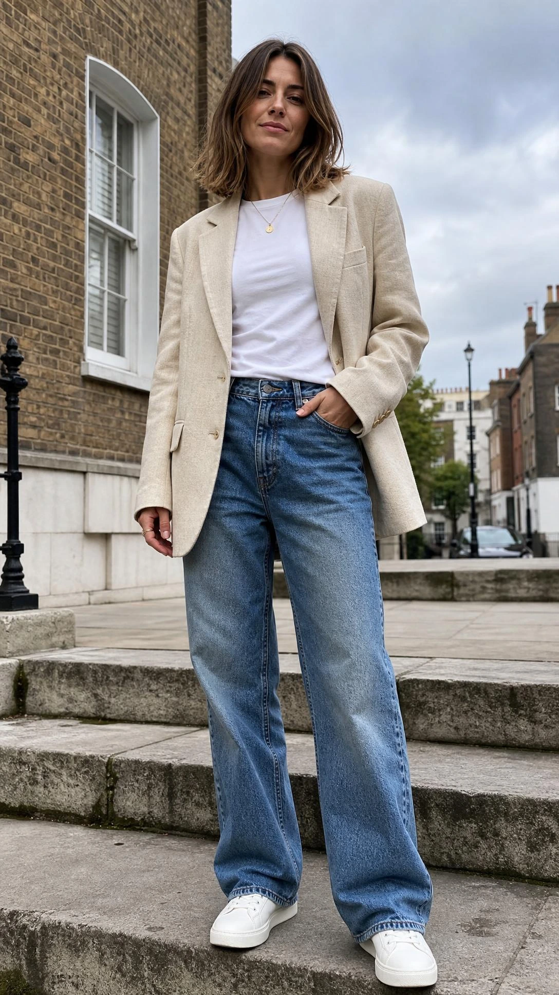 Woman in oatmeal oversized blazer layered over a white tee and vintage denim, shot from hip height on a city sidewalk for a cool casual neutral look