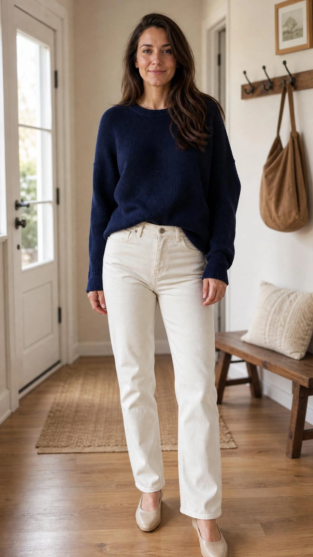 Woman in off-white straight leg jeans and a navy textured sweater in a bright entryway, one of 12 white jeans outfit ideas
