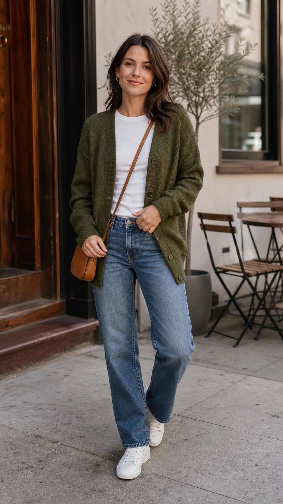 Olive green cardigan styled with straight-leg jeans in a softly lit city scene, showing an easy everyday green cardigan outfit idea.