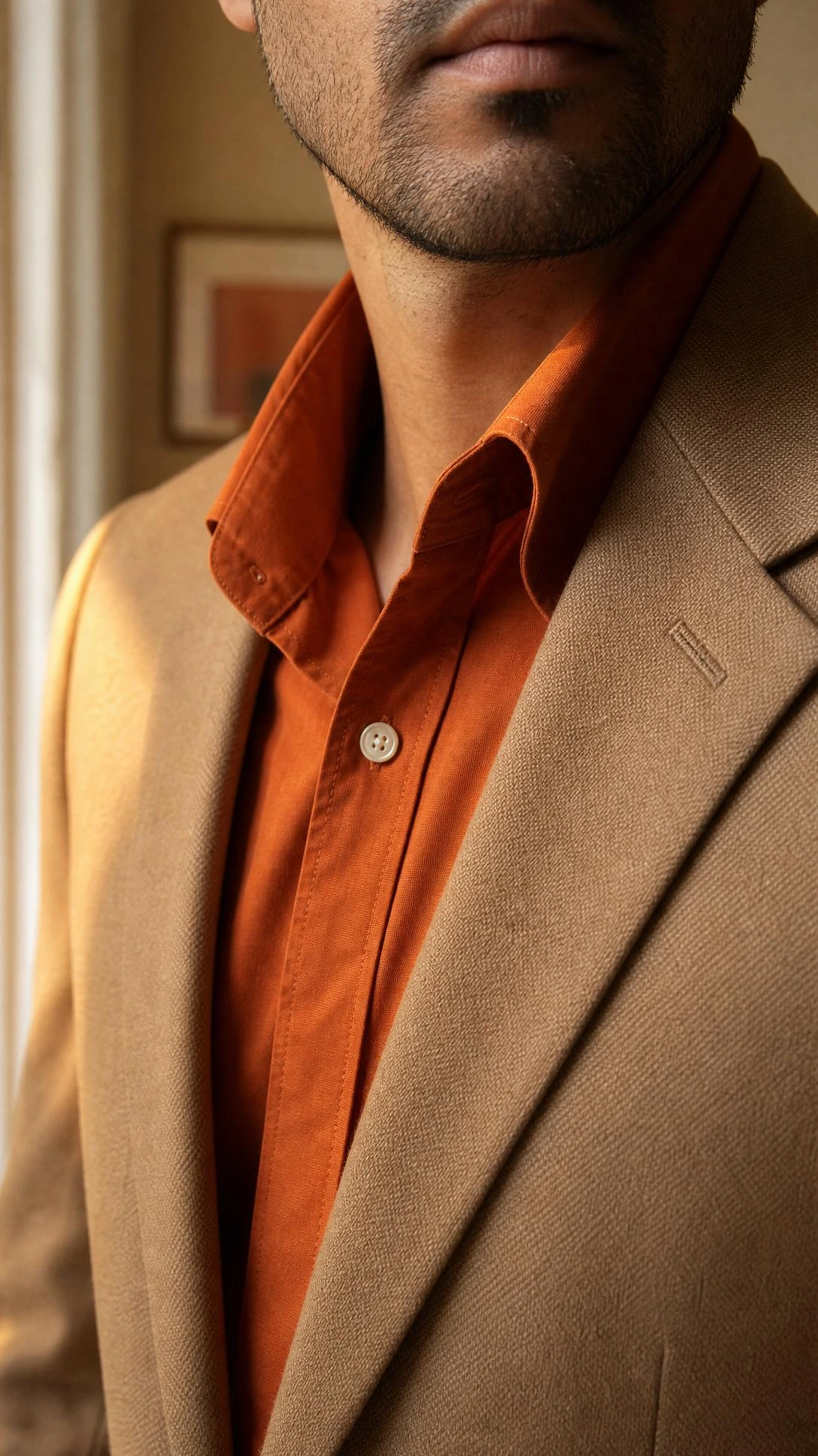 Burnt-orange button-down shirt collar layered over a structured camel blazer, showing the warm contrast between orange fabric and tan wool for a polished outfit