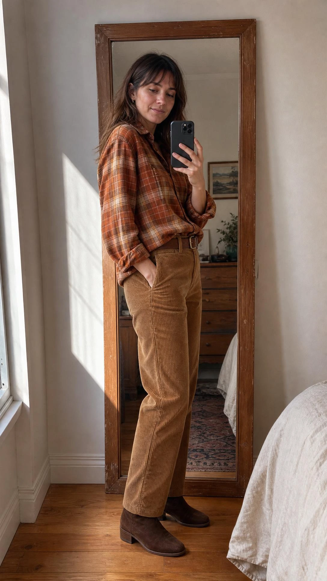 Woman mirror selfie in orange flannel button down shirt paired with straight-leg corduroy pants, a casual fall outfit combination