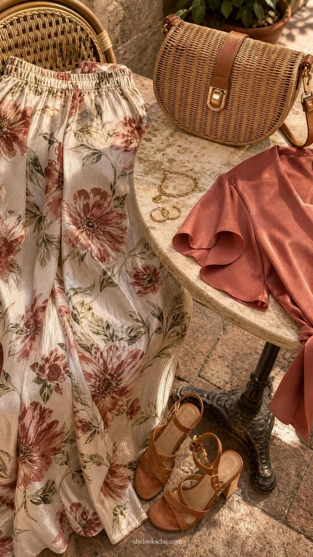 Flowing dusty mauve palazzo pants in a watercolor botanical print styled with a complementary wrap top, shot in warm golden afternoon light on a European café terrace