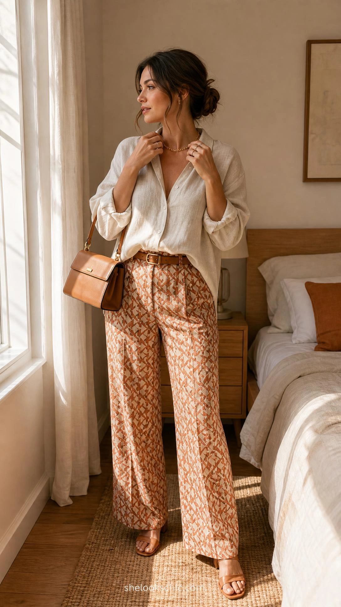Woman styling wide-leg patterned trousers in terracotta geometric print with a relaxed linen shirt, adjusting a gold necklace in a sunlit bedroom