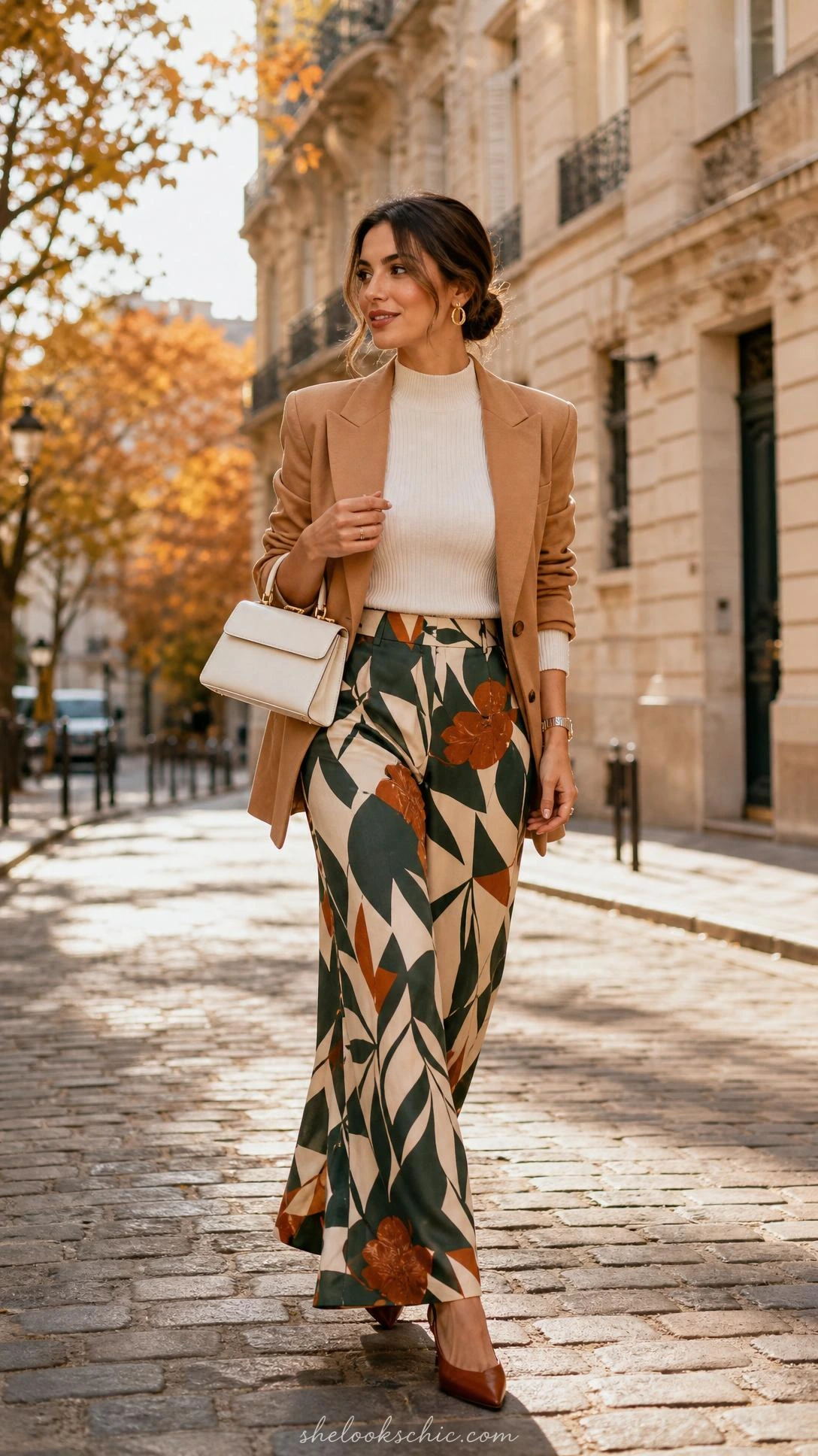 Woman in bold botanical print wide-leg trousers and blazer walking confidently on a cobblestone European street