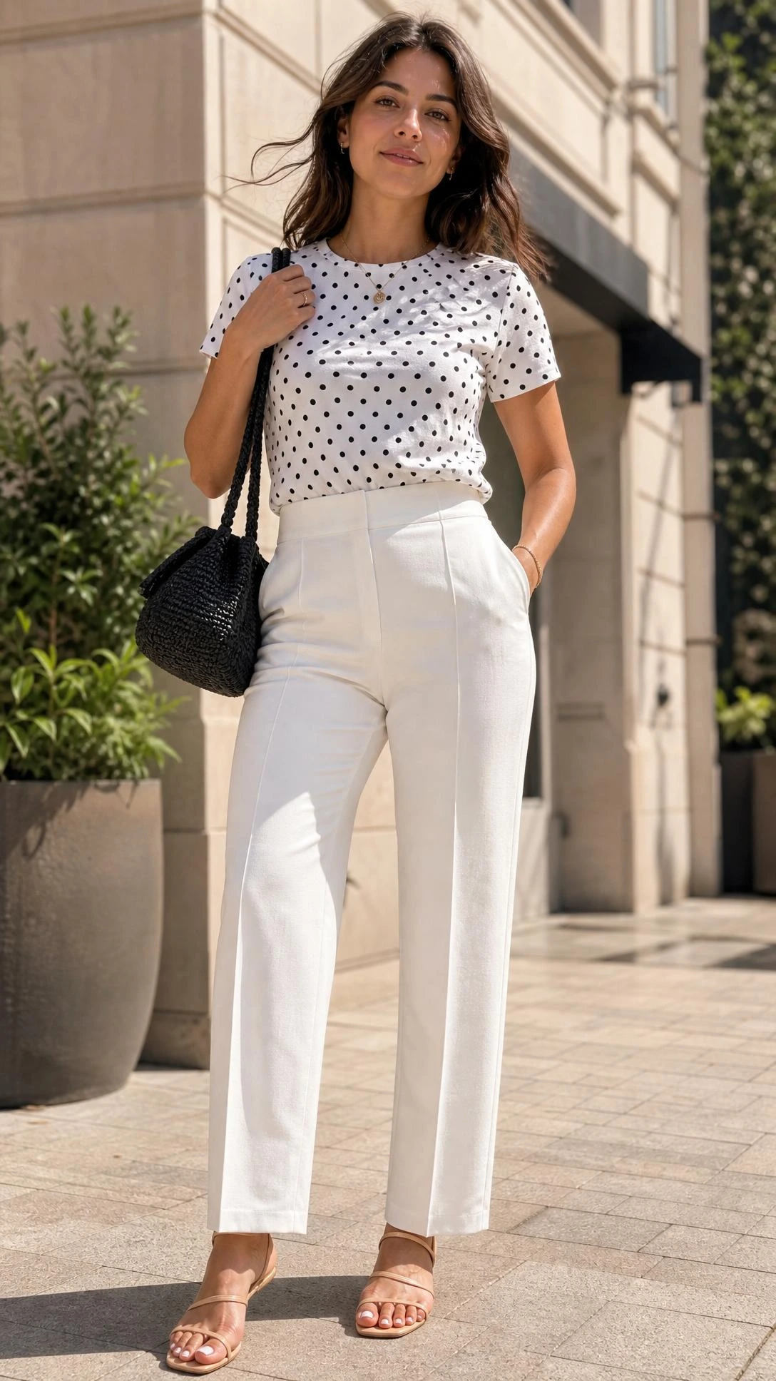 Woman wearing a white polka dot top tucked into high-waisted white trousers, styled for a chic brunch outfit on a sunny city sidewalk
