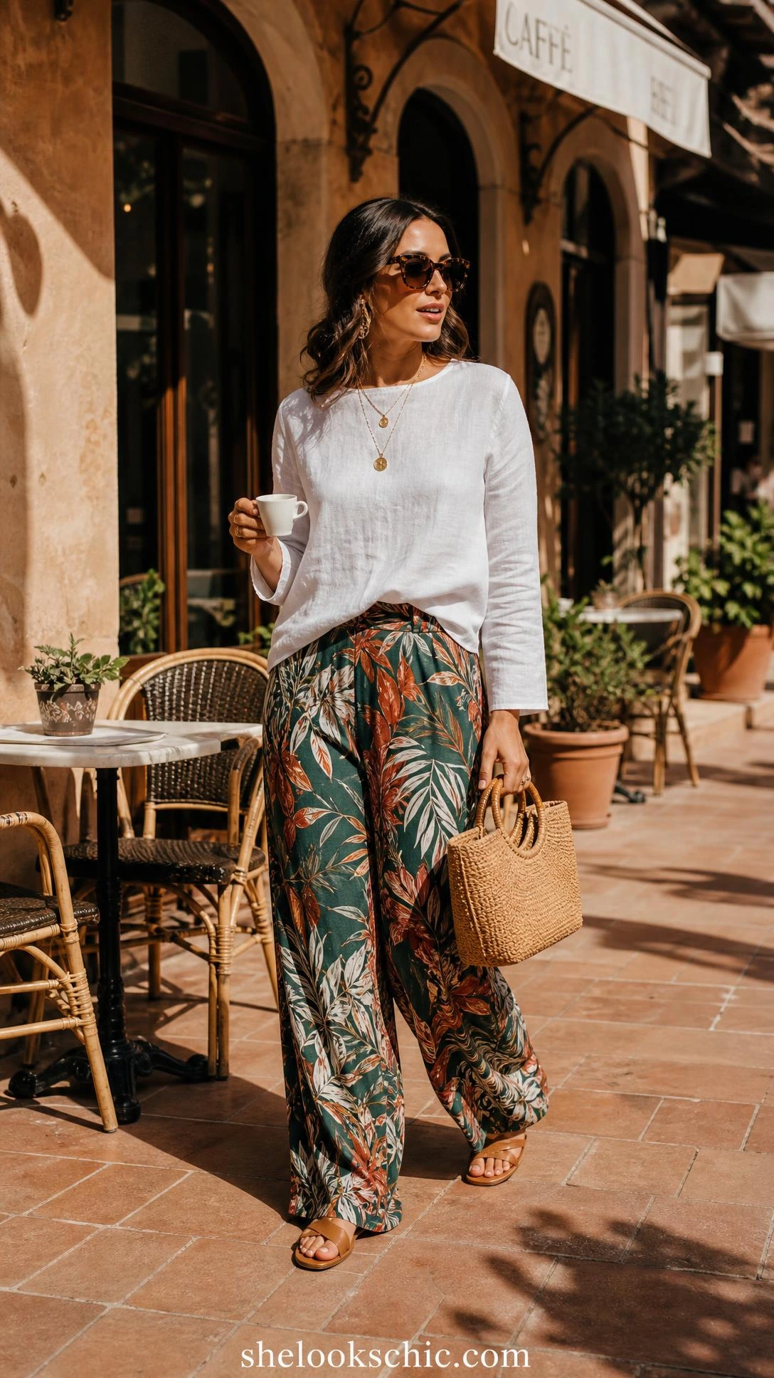 Woman wearing wide-leg printed palazzo pants in jewel-toned botanical print paired with a white linen top and flat sandals on a sun-drenched European café terrace