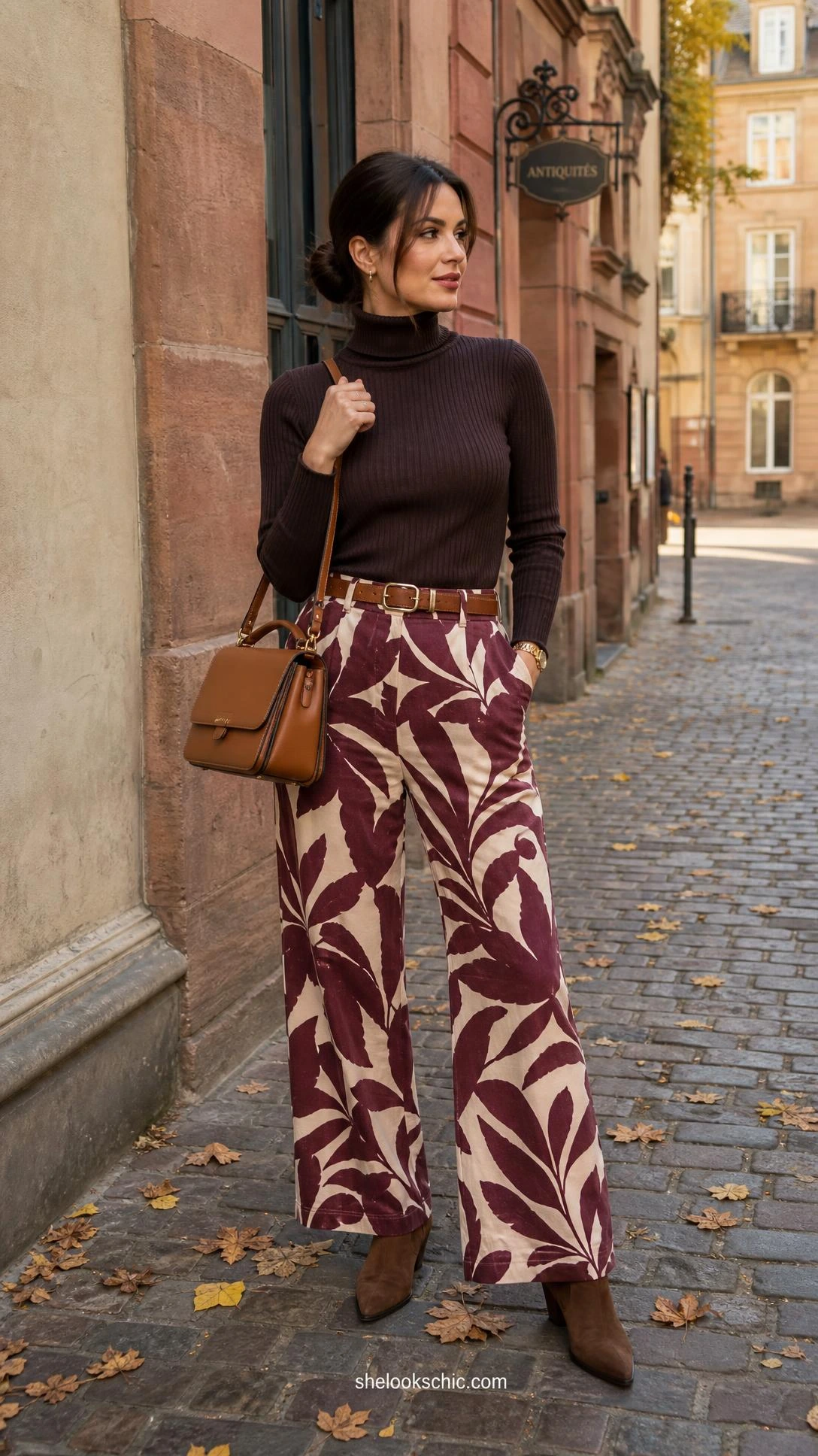 Woman wearing wide-leg burgundy printed trousers paired with a sleek turtleneck on a cobblestone European street in autumn light