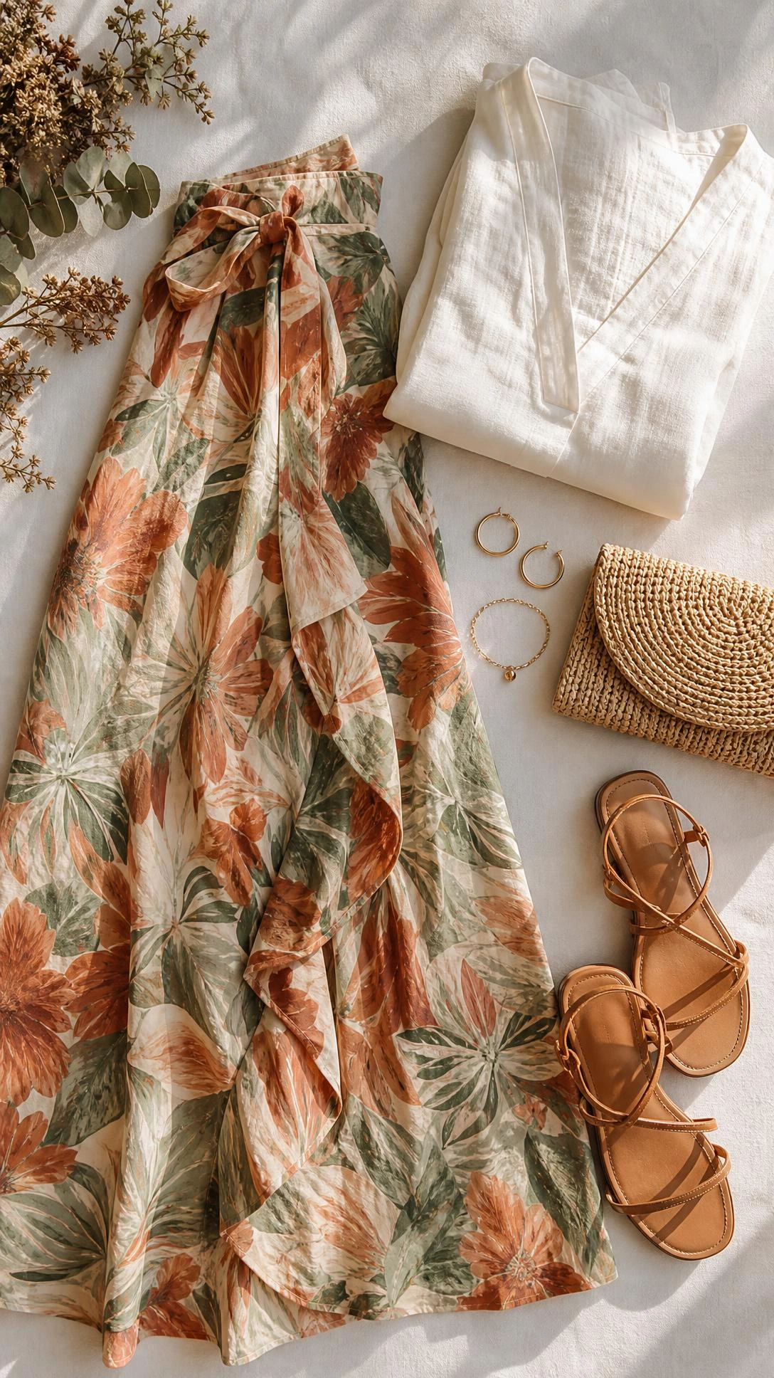 Flat lay of a flowy botanical print wrap skirt in terracotta and sage paired with an ivory linen blouse, a chic summer graduation guest outfit