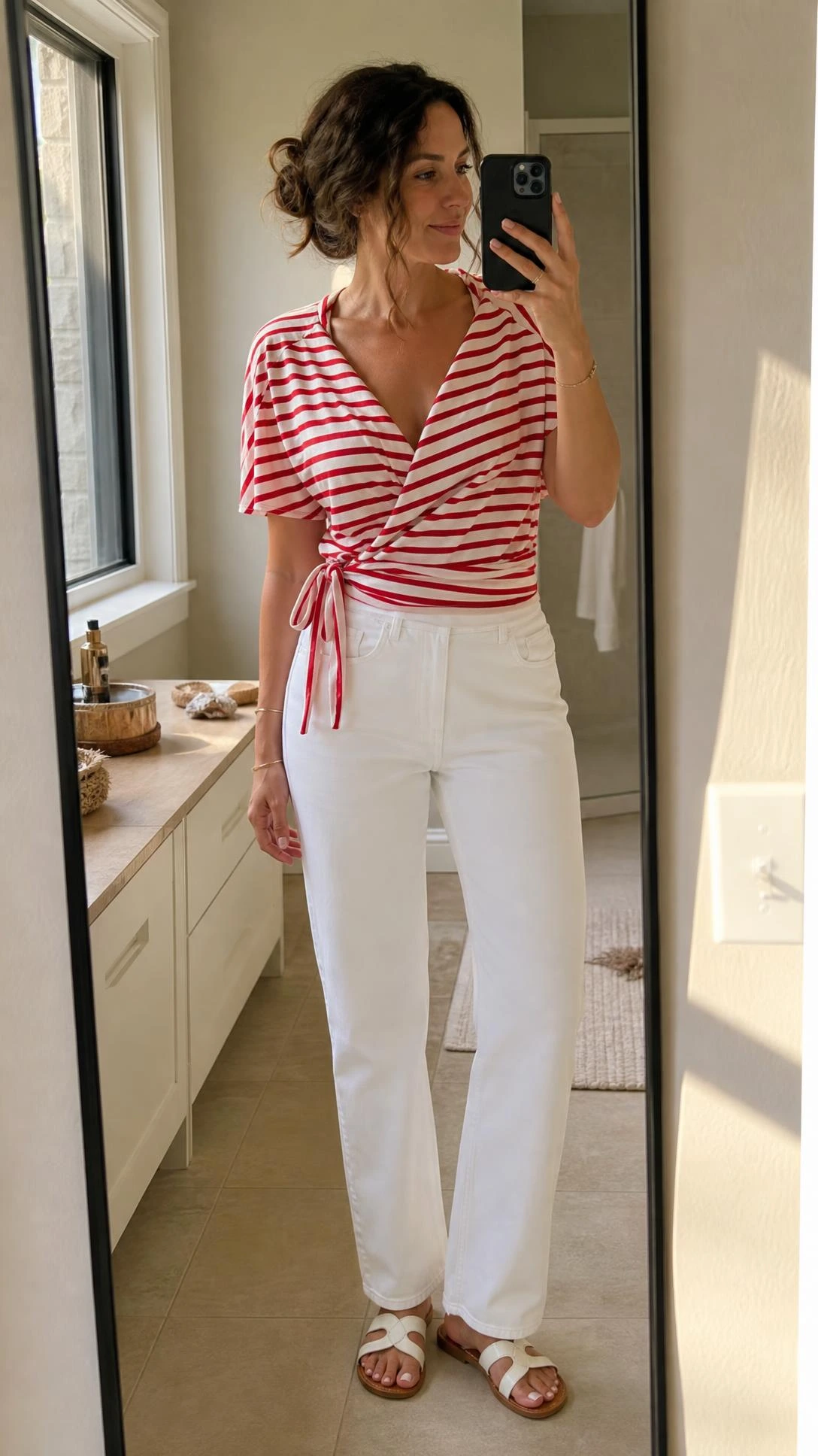 Mom in red and white striped wrap top tied at waist with straight white jeans, taking a mirror selfie in a sunlit room — an easy summer mom outfit