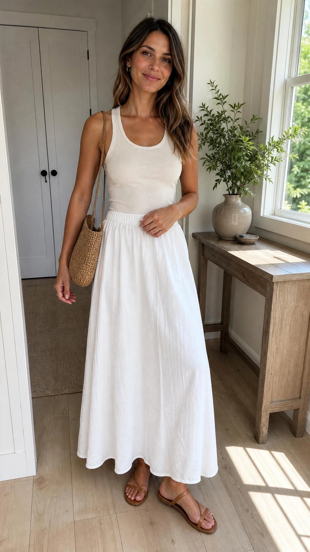 Woman in an ivory ribbed tank and long white skirt with flat sandals in a sunlit entryway for white maxi skirt outfit ideas