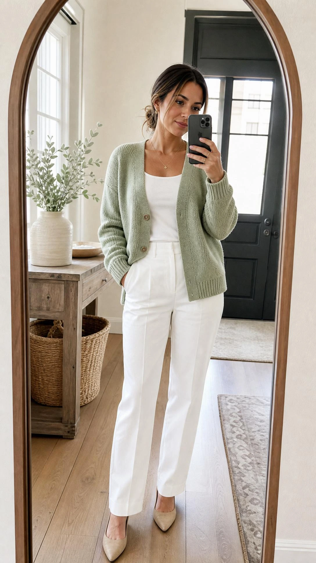 Warm mirror selfie shows a woman styling a sage green cardigan with crisp white tailored trousers in a bright home entryway.