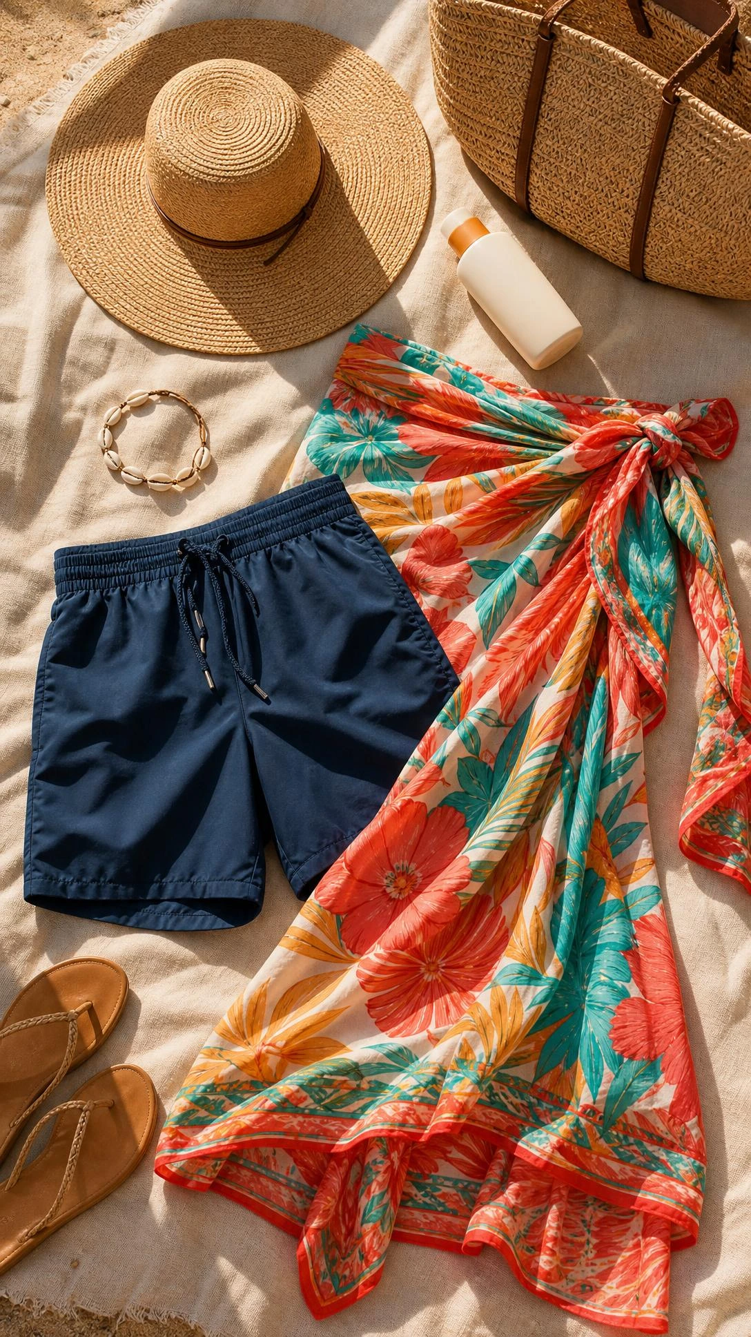 Flat lay of a coral tropical print sarong wrap skirt styled with navy swim shorts for a modest beach outfit, alongside a woven sun hat and shell bracelet