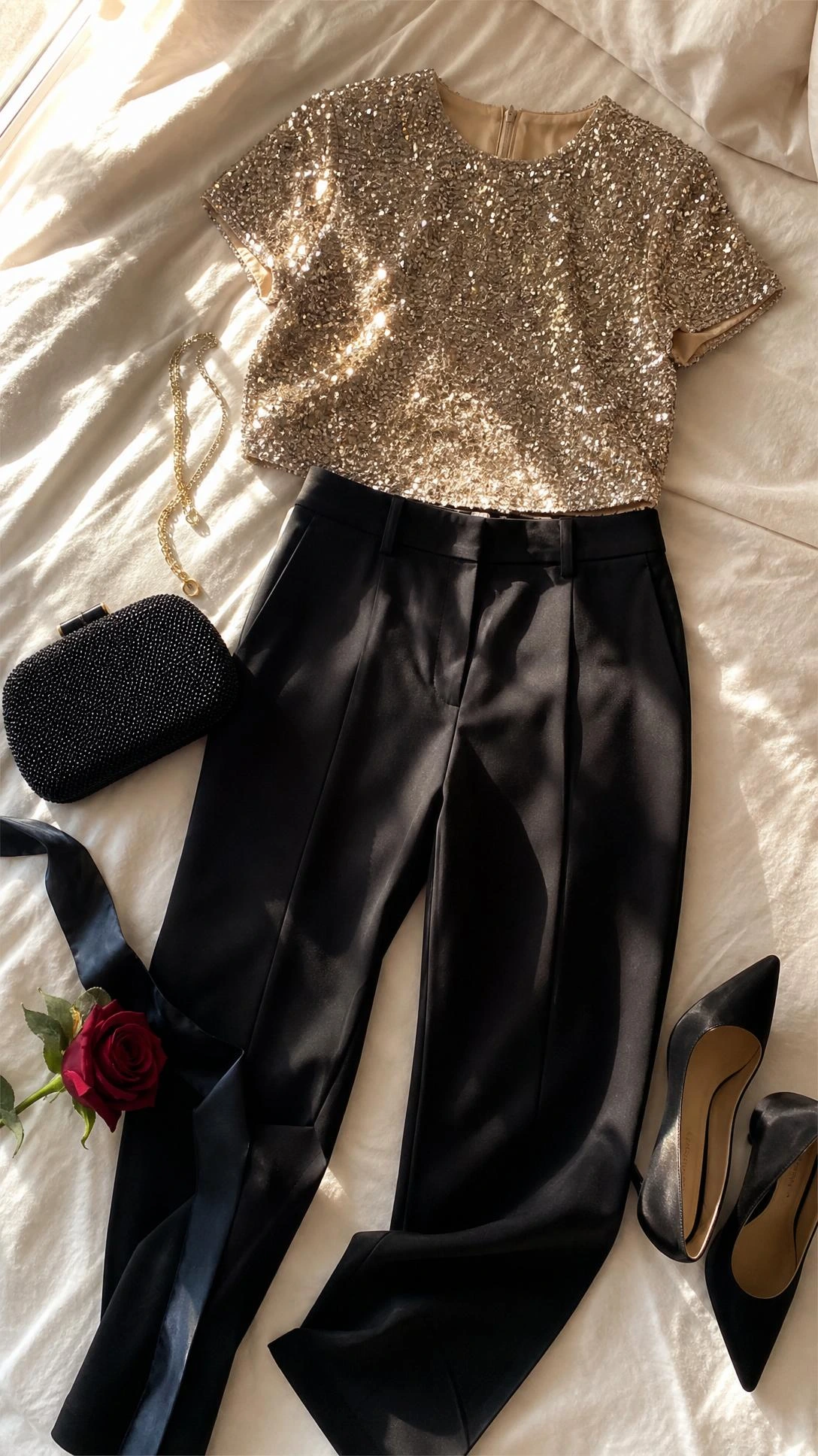 Champagne-gold sequin top and black cigarette pants flat lay on ivory linen — a polished cocktail outfit that transitions from dinner to dancing