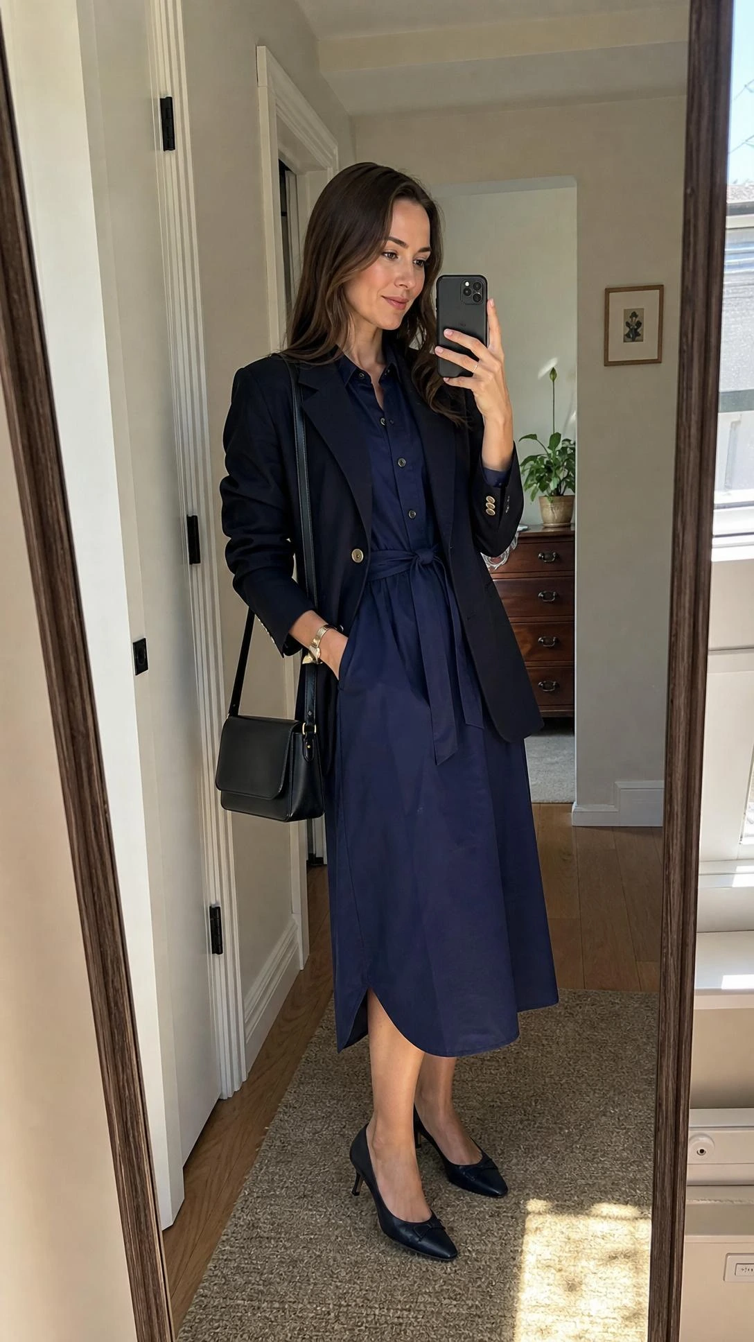 Side-angle mirror selfie of a woman in a navy shirt dress with a blazer, a versatile parisian office outfit.