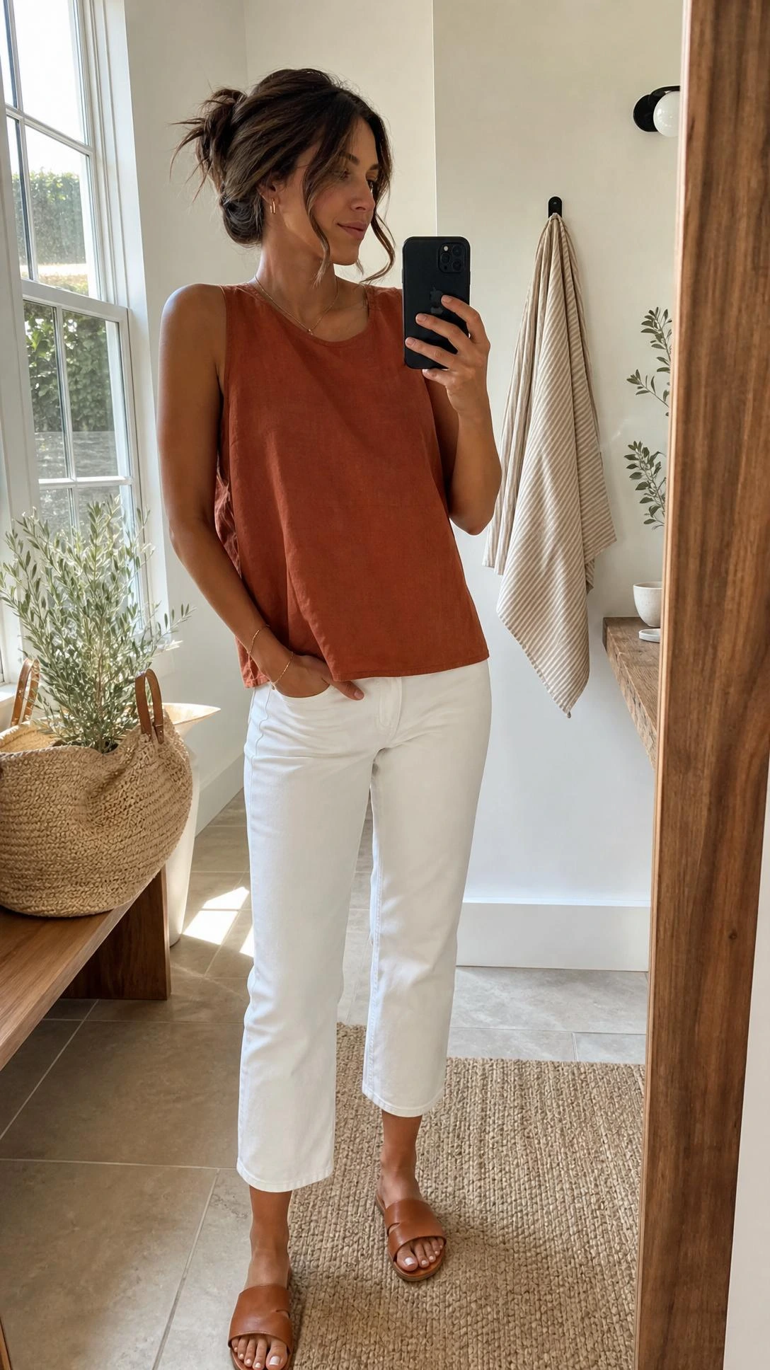 Woman in terracotta linen tank tucked into cropped white straight-leg jeans, captured in a bright mirror selfie — a polished yet effortless mom outfit for summer