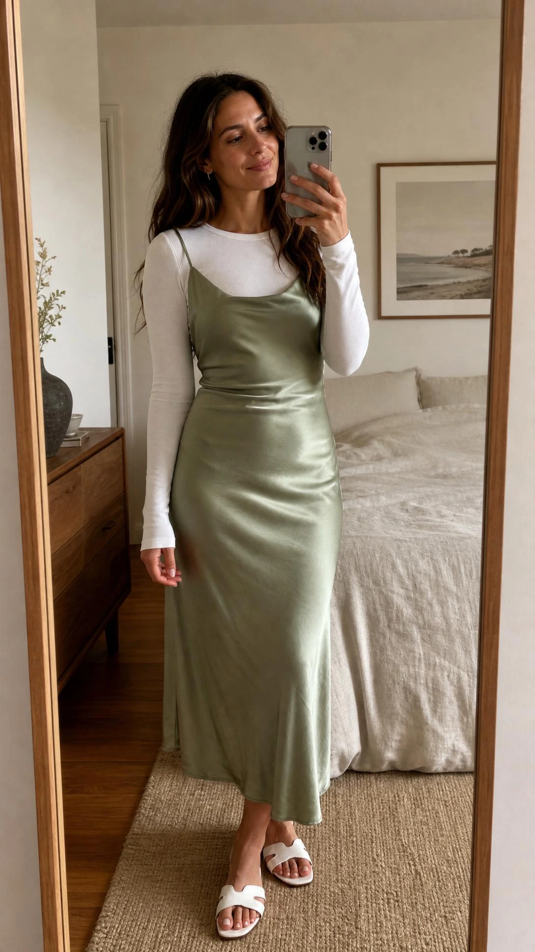 Woman in late twenties takes mirror selfie in bedroom, styled in slip dress layered over white long-sleeve tee for a chic brunch outfit
