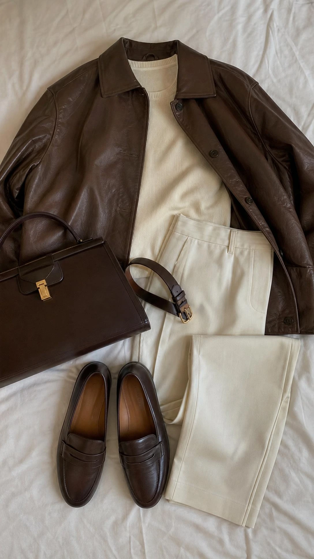 Flat lay of a soft brown leather jacket with cream straight trousers and knit top for a modern parisian office outfit.
