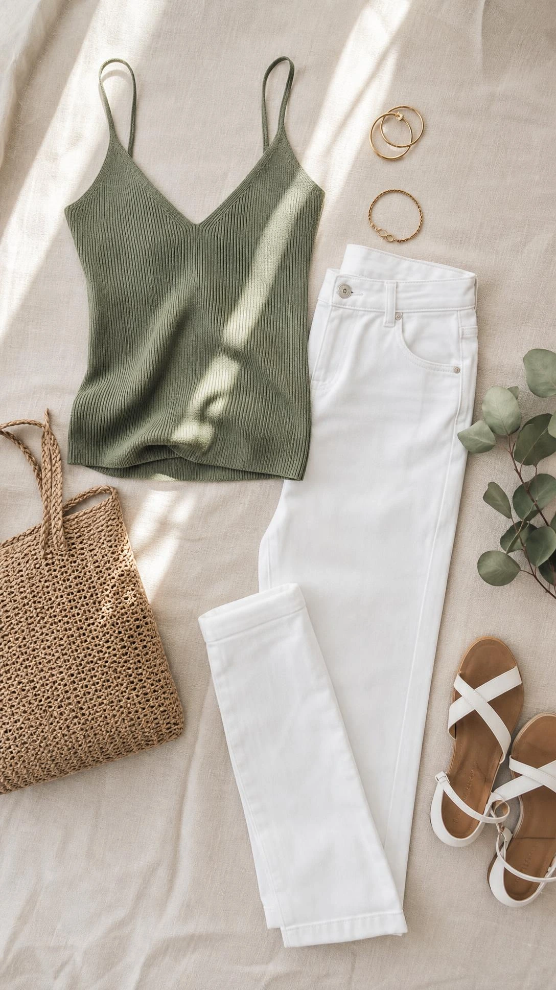 Flat lay of a sage green knit camisole paired with straight-leg white jeans on linen, styled with gold hoops, a delicate bracelet, and white sandals for a polished mom summer outfit