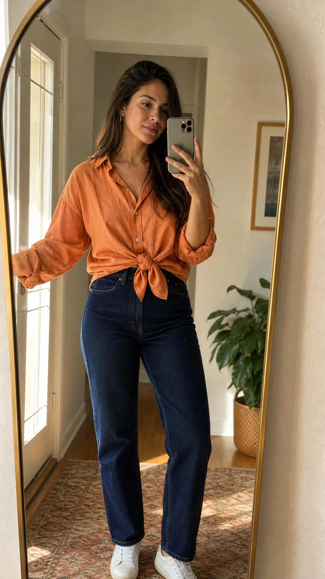 Woman ties a soft orange button down shirt at the waist over high-rise jeans, styled in a mirror selfie showing a casual yet polished orange shirt outfit