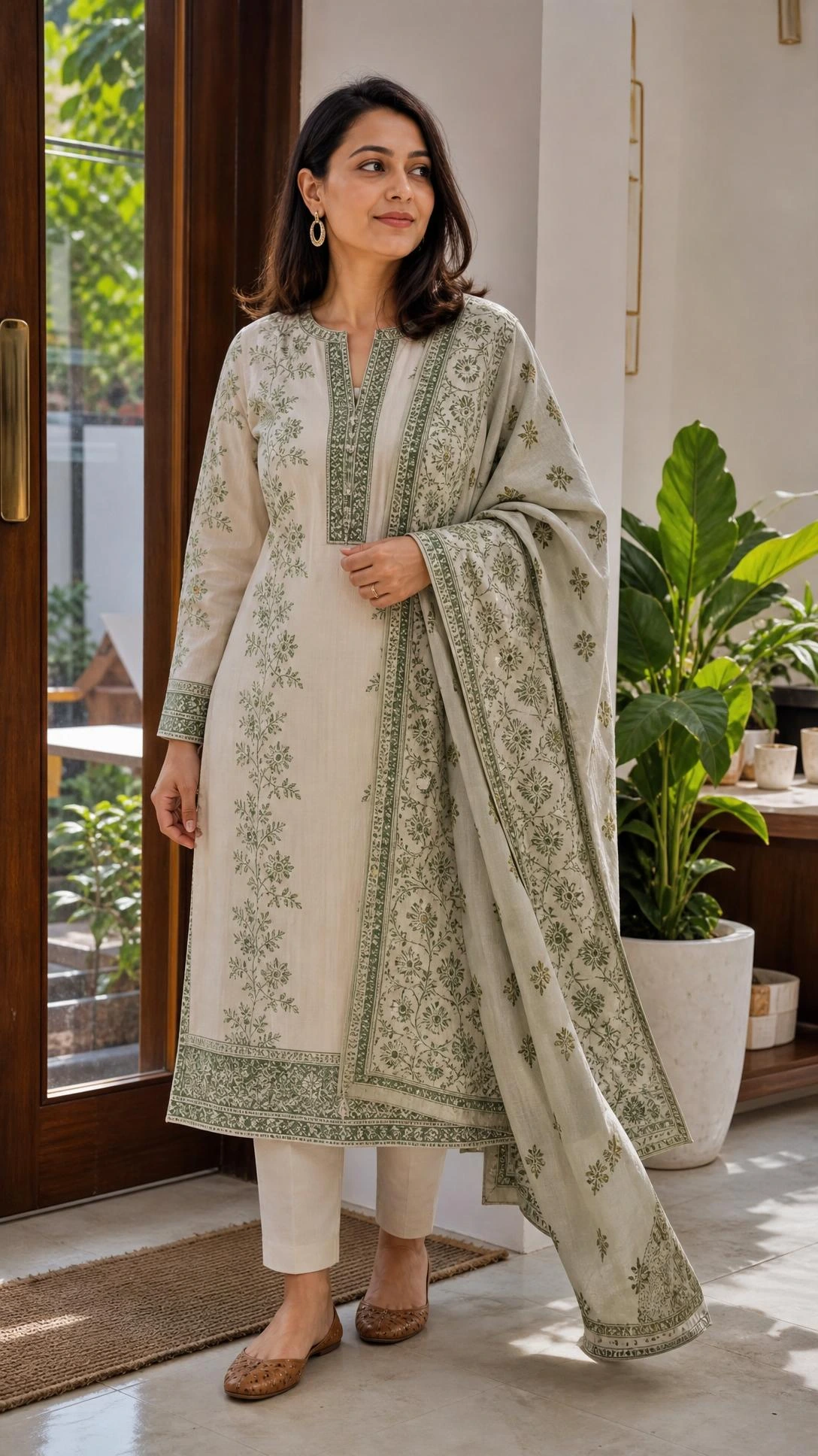 Pear Shape Outfit Ideas: close-up of a woman in a straight kurta, narrow pants, and dupatta, showing balanced lines and fabric detail.