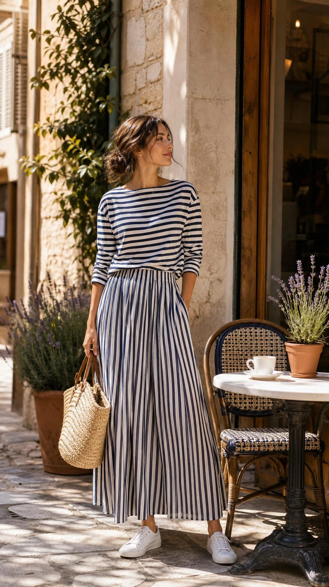 Woman in navy striped maxi skirt and Breton top outside a European café, styled with straw tote and white sneakers for a classic summer maxi skirt outfit