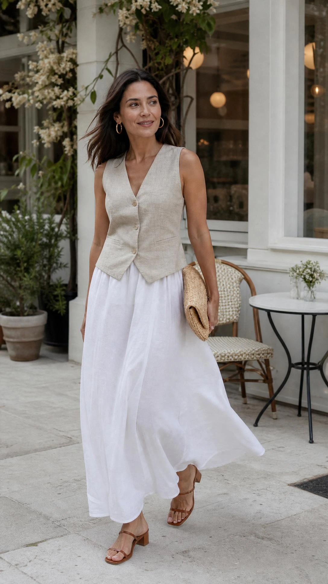 Outside a cafe, a woman styles a tailored sleeveless vest and heeled sandals for white maxi skirt outfit ideas.