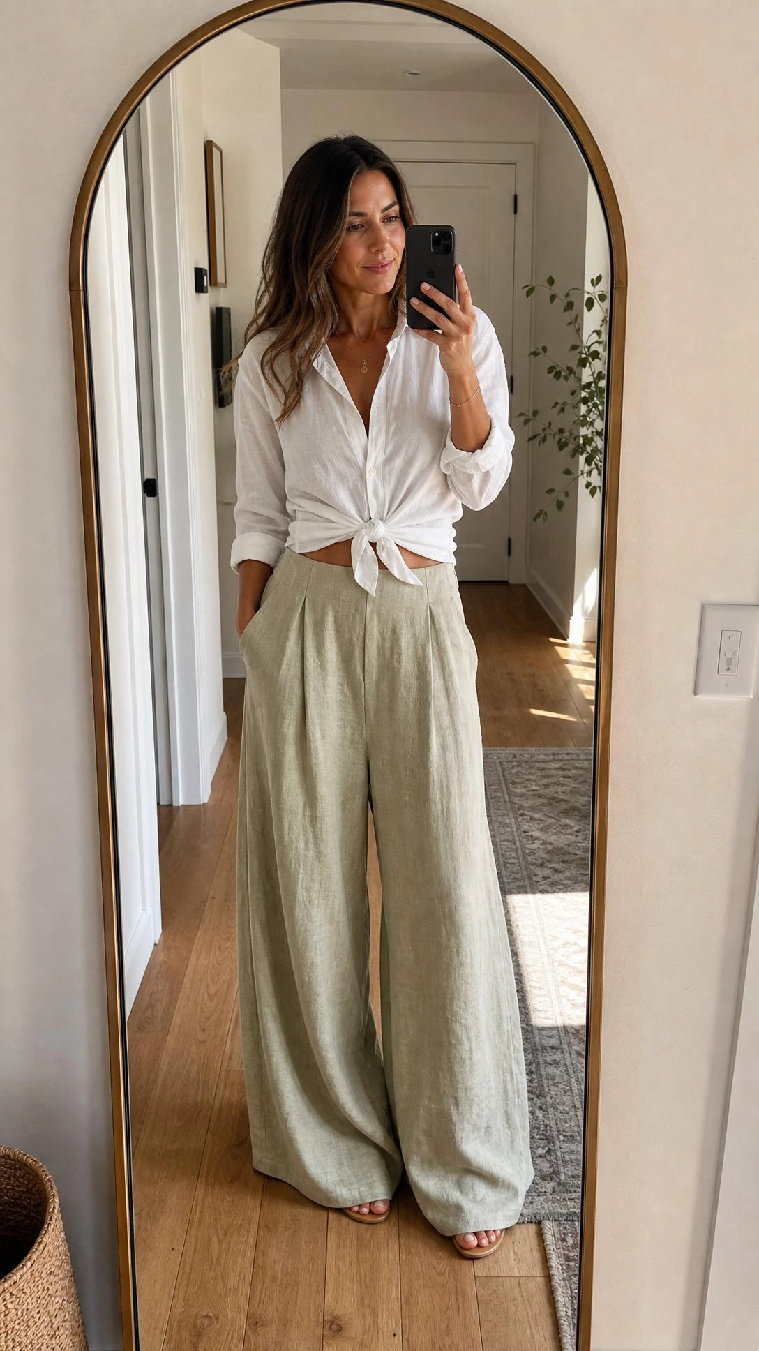 Woman in tied white button-down shirt and wide-leg linen trousers taking mirror selfie in bright entryway with warm natural light