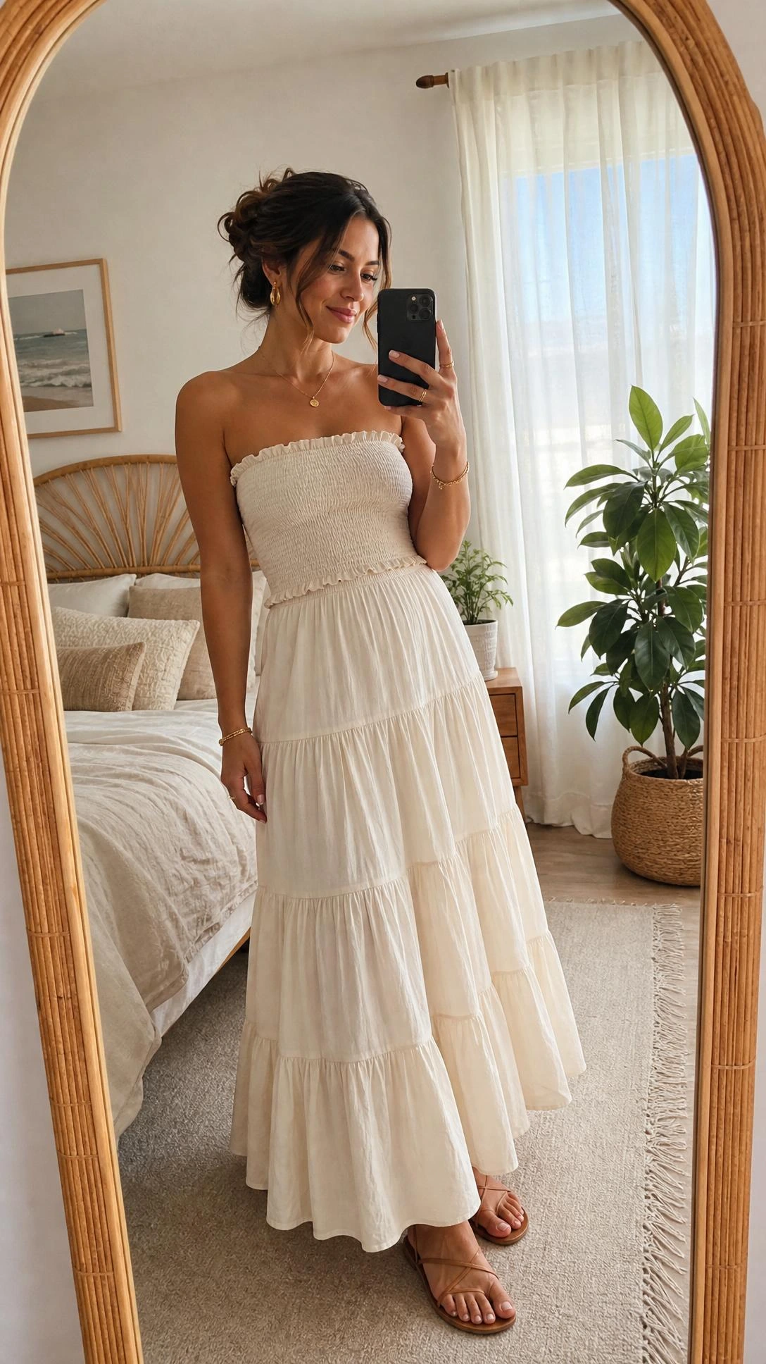 Woman in a tiered cream cotton maxi skirt and smocked bandeau top taking a mirror selfie in a sunlit bedroom, a breezy summer maxi skirt outfit
