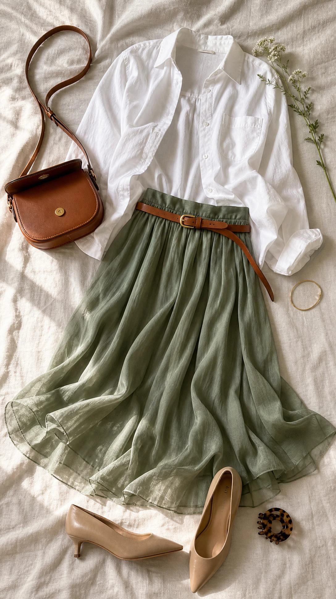 Crisp white button-down shirt flat lay styled with a flowy midi skirt and thin belt, showing the relaxed tuck detail on linen