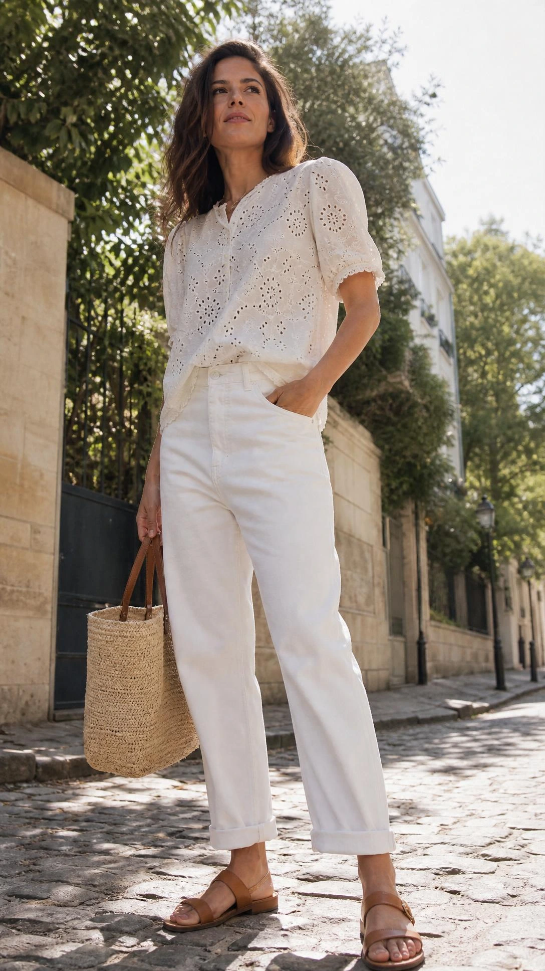 Woman in white broderie anglaise top with eyelet detail and cuffed boyfriend white jeans styled for a chic summer mom outfit on cobblestone street
