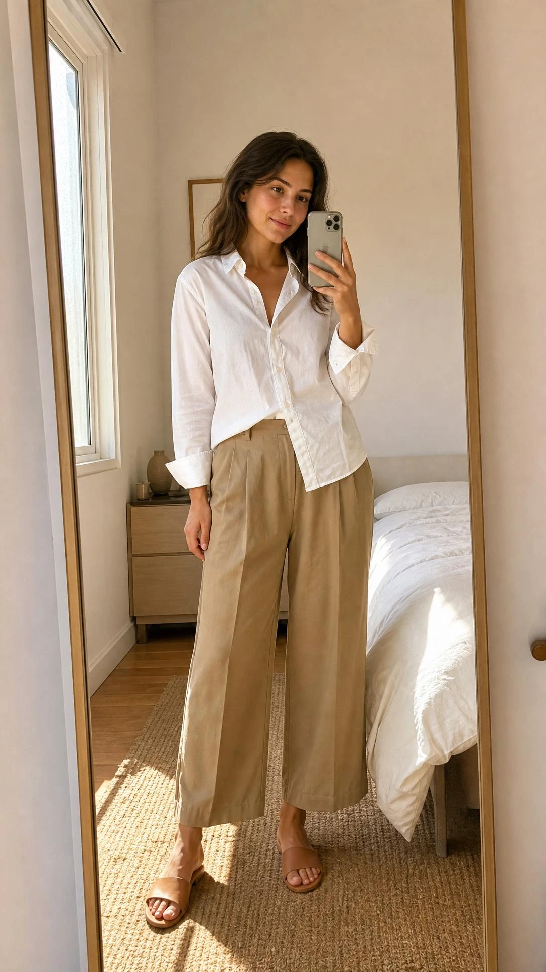 Woman mirror-selfie in a white button-down tucked into relaxed khaki trousers with slides — effortless neutral outfit for everyday wear