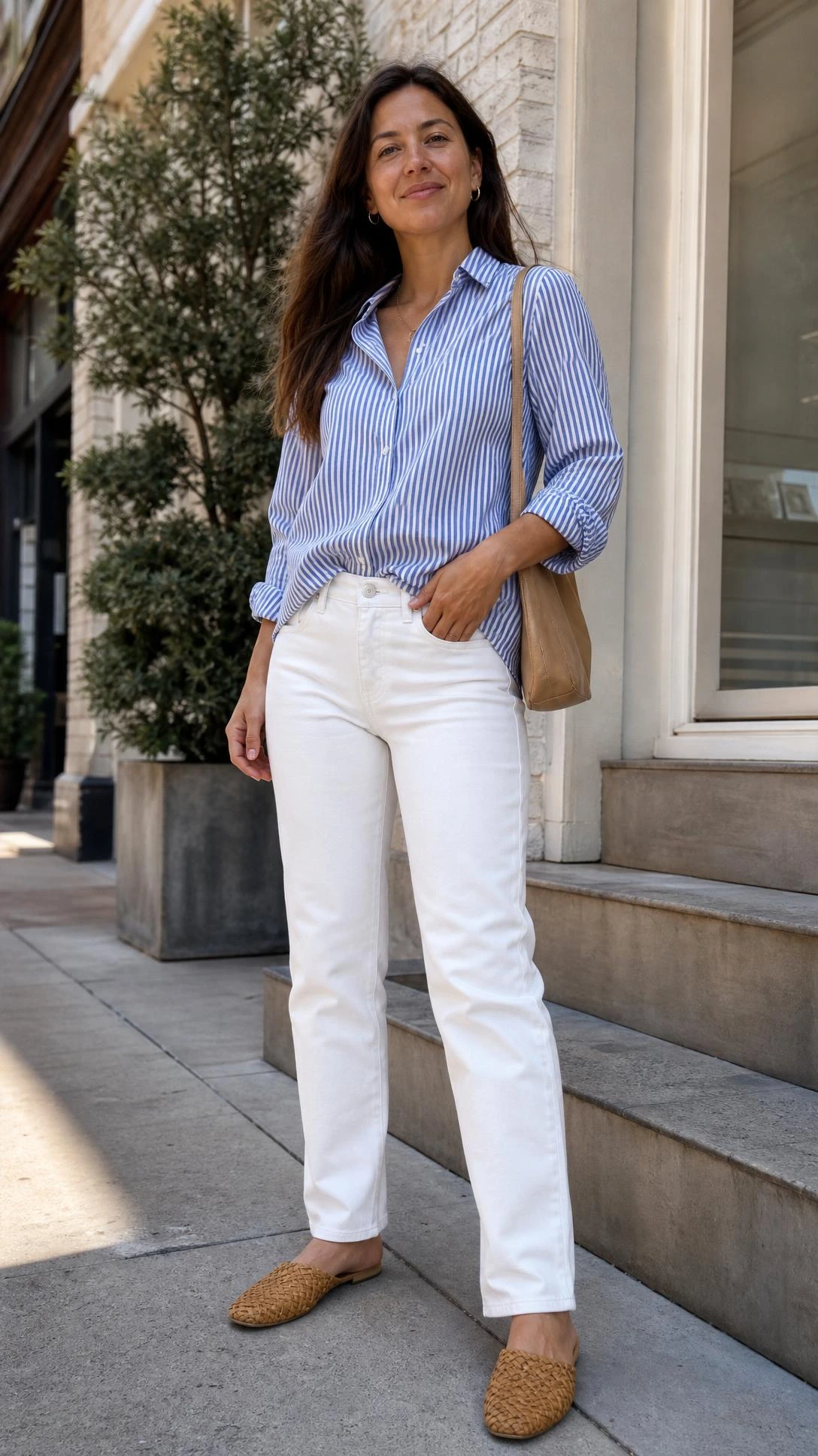 Woman in crisp white denim, a striped shirt, and woven mules on city steps, showcasing white jeans outfit ideas for spring.