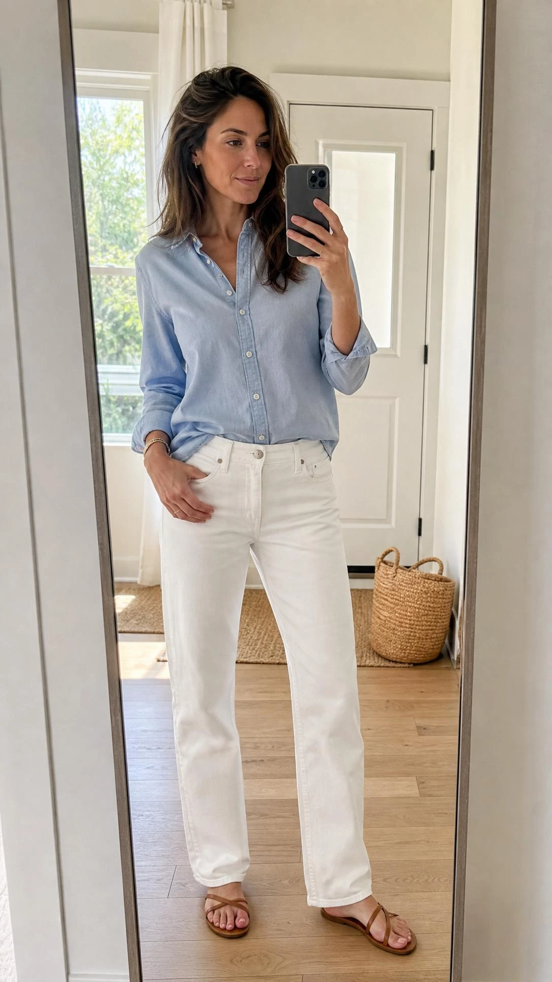 Mirror selfie of a woman in crisp white jeans, half-tucked blue chambray shirt, and brown sandals for white jeans outfit ideas