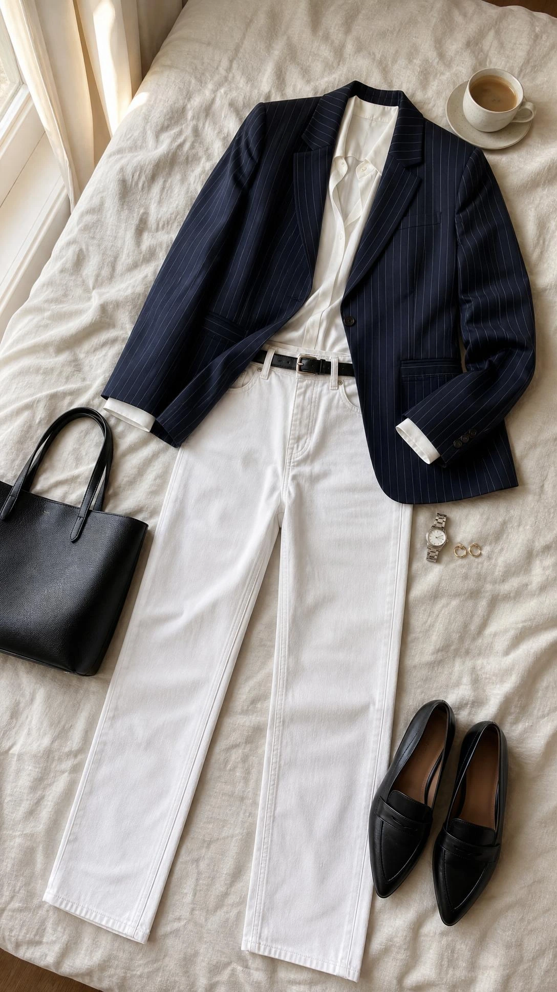 White jeans outfit ideas flat lay with straight-leg denim and a navy pinstripe blazer on ivory linen for workwear polish