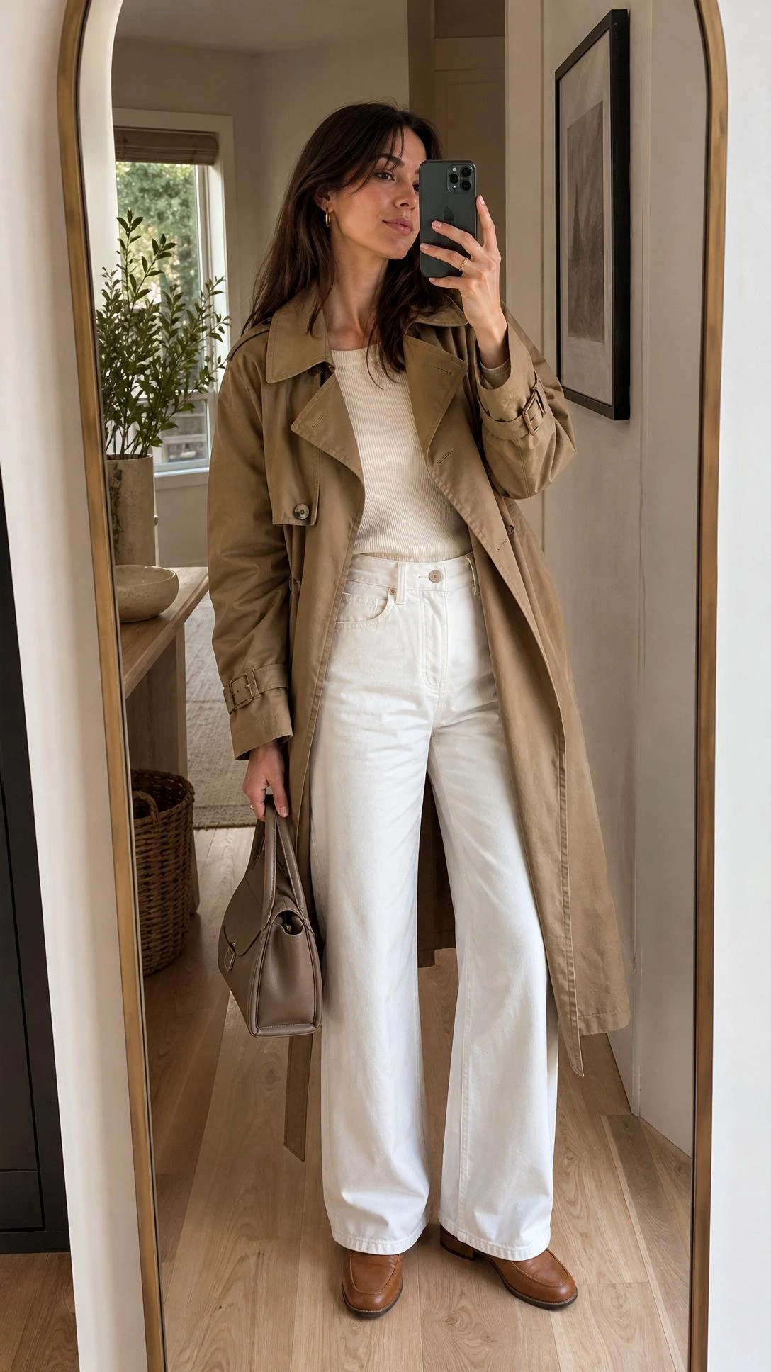 Mirror selfie of a woman in crisp wide-leg denim and a khaki trench, one of 12 white jeans outfit ideas
