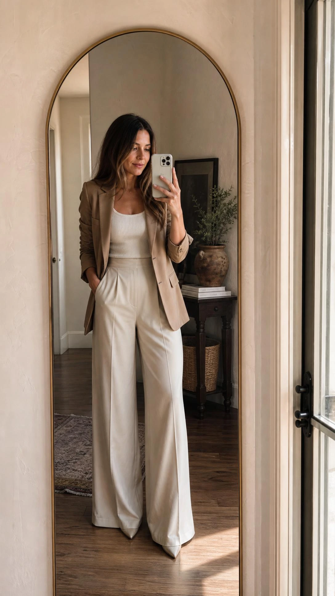 Woman in wide-leg ivory trousers, fitted ribbed tank, and blazer takes a mirror selfie in a bright entryway — a polished yet casual dinner outfit