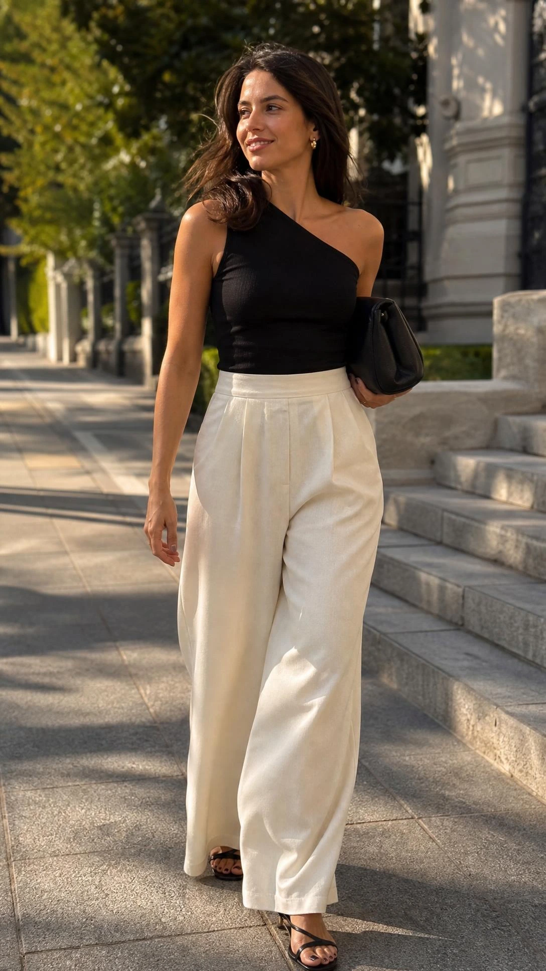 Woman walking on sunlit sidewalk wearing fluid ivory wide-leg trousers and a one-shoulder top — a polished cocktail outfit that balances relaxed silhouette with elegant edge