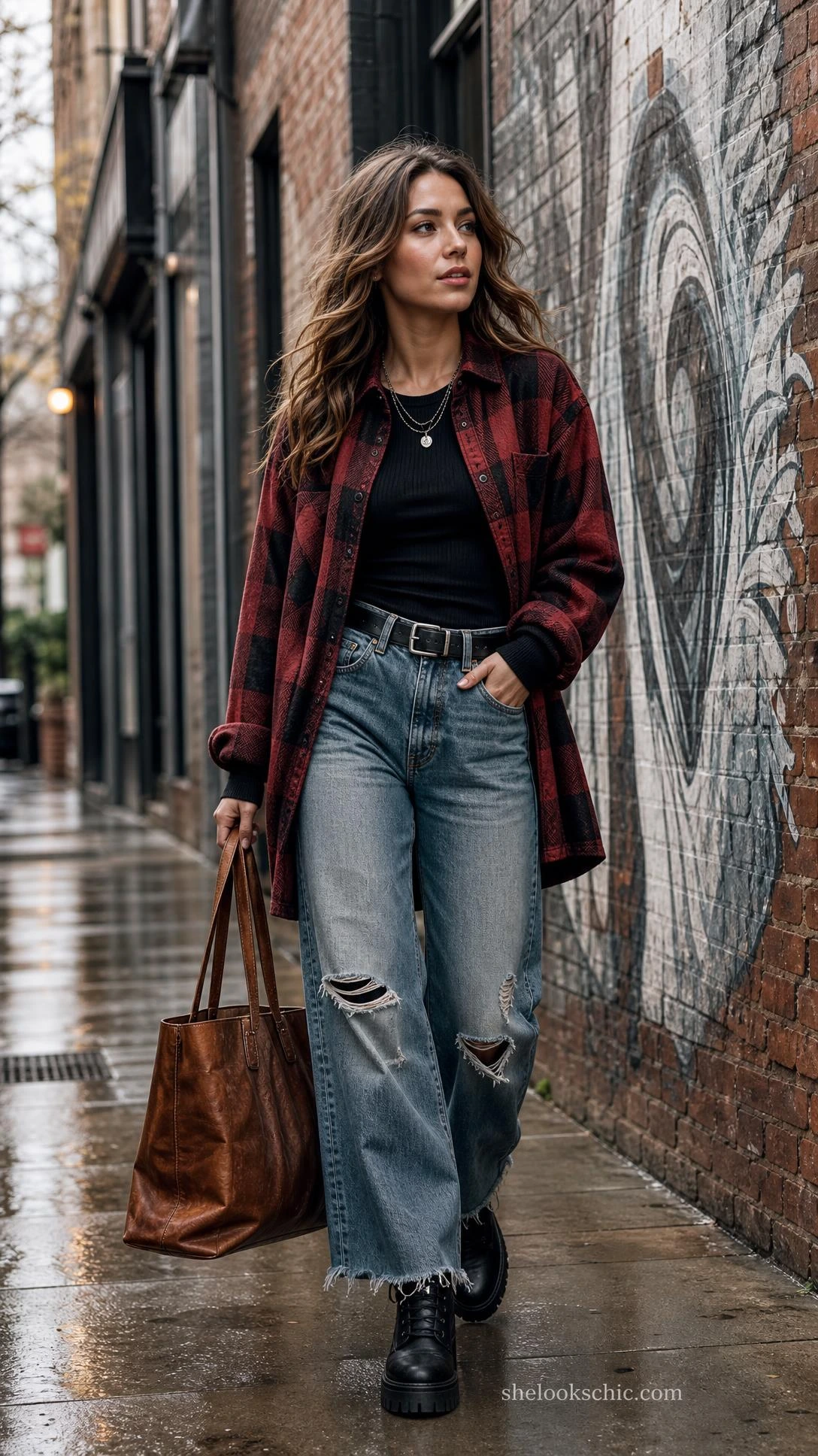 Woman in Y2K grunge outfit mid-stride on rain-dampened sidewalk beside vintage brick wall with faded street art, styled with cognac leather tote in moody overcast light