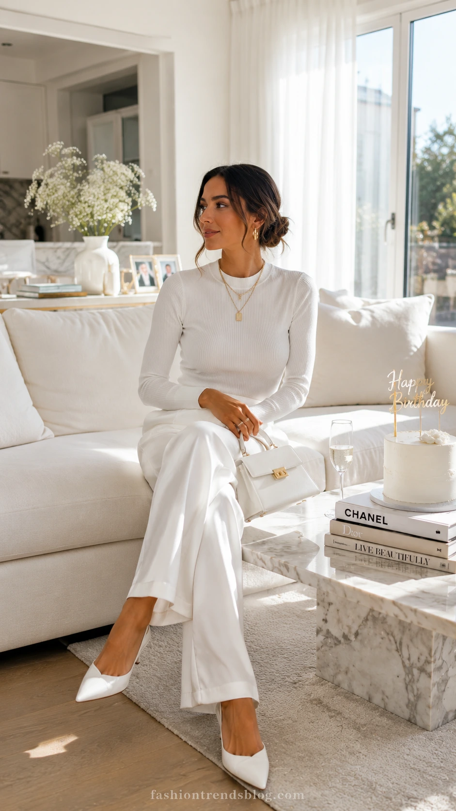 Woman in crisp white wide-leg satin trousers seated on a linen sofa in a sunlit modern living room — an all-white birthday outfit done right