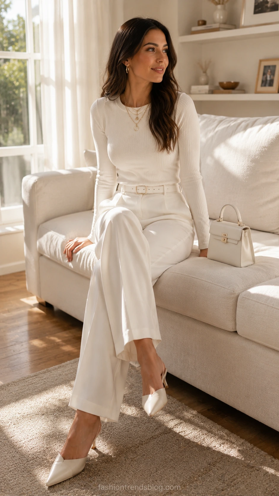 Woman in crisp all-white wide-leg trousers and tailored top seated on white linen sofa, sunlit living room — elegant 18th birthday outfit inspo