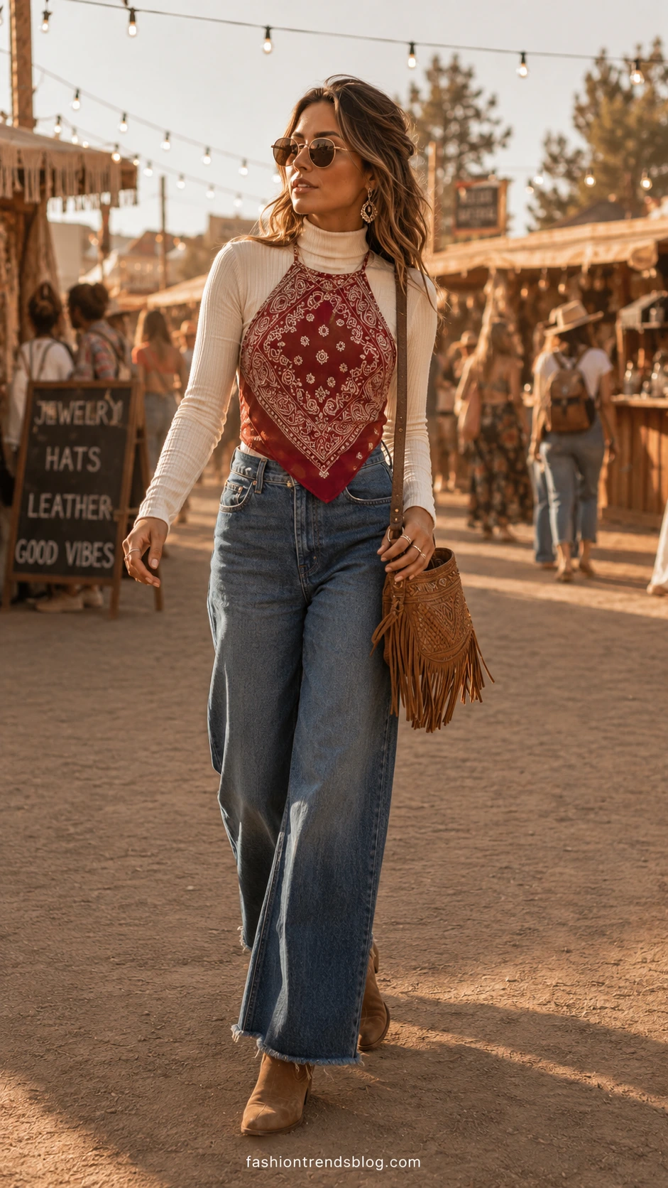 Woman in crimson bandana print halter top and denim flares walking a sun-lit festival pathway, capturing the effortless boho festival outfit energy