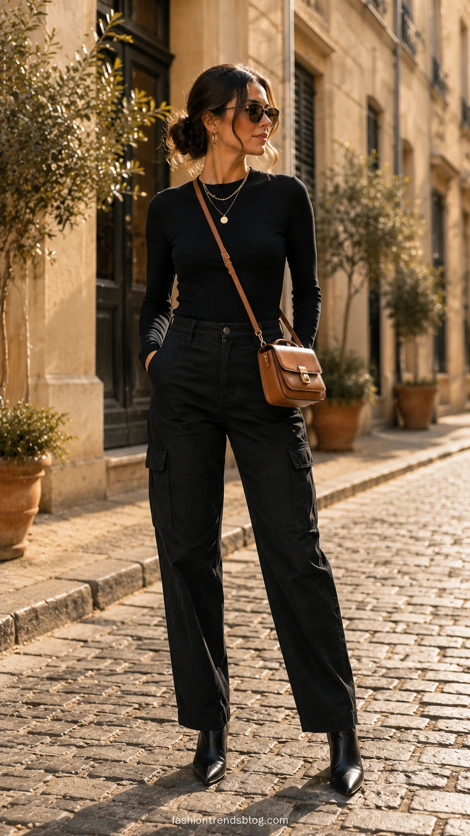 Woman wearing black cargo pants and fitted ribbed knit bodysuit on a sun-dappled cobblestone street, a sleek monochrome summer outfit
