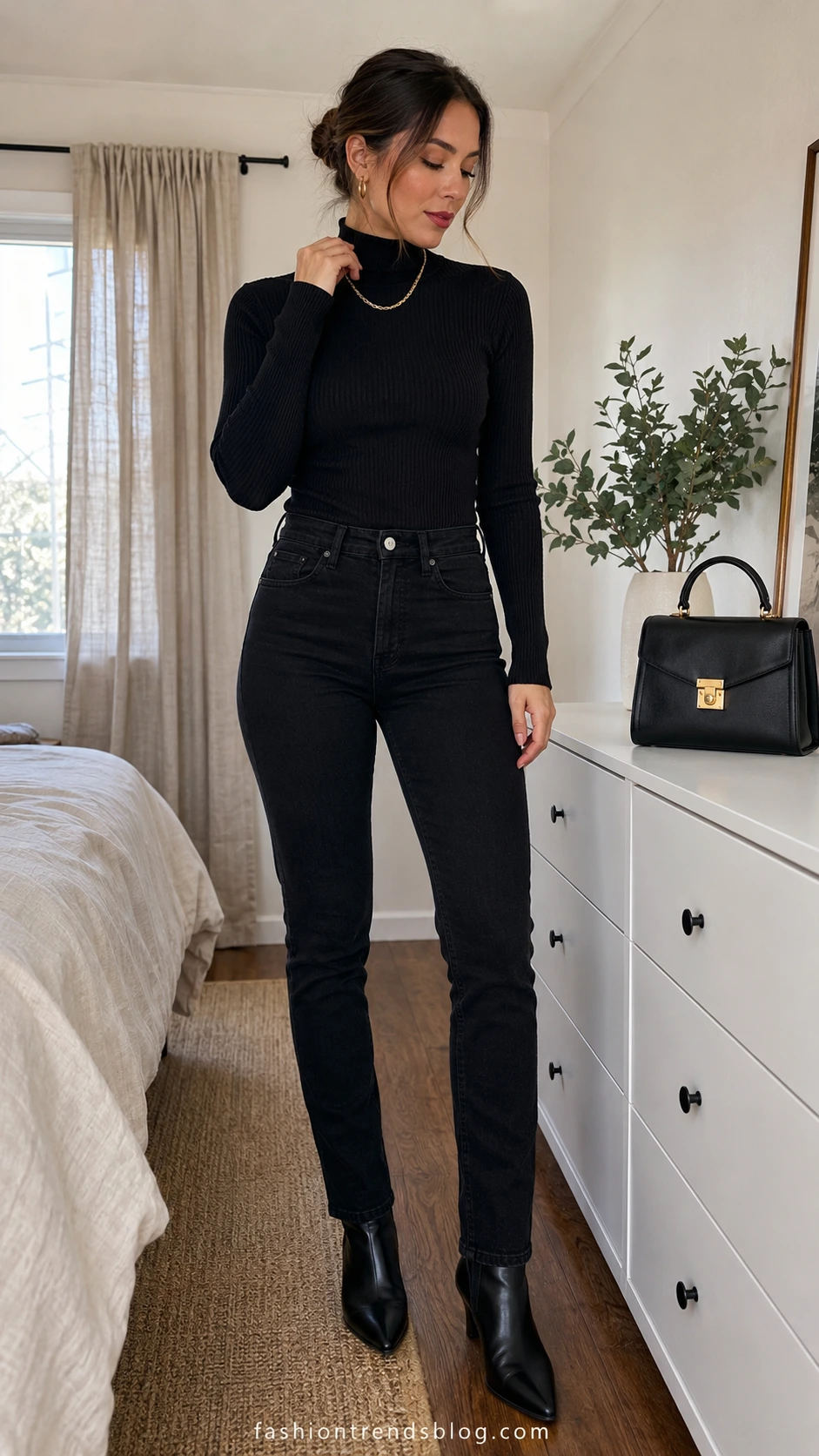 Stylish teacher outfit with jeans featuring slim black denim and a fitted ribbed turtleneck in an all-black monochromatic look that reads polished and put-together