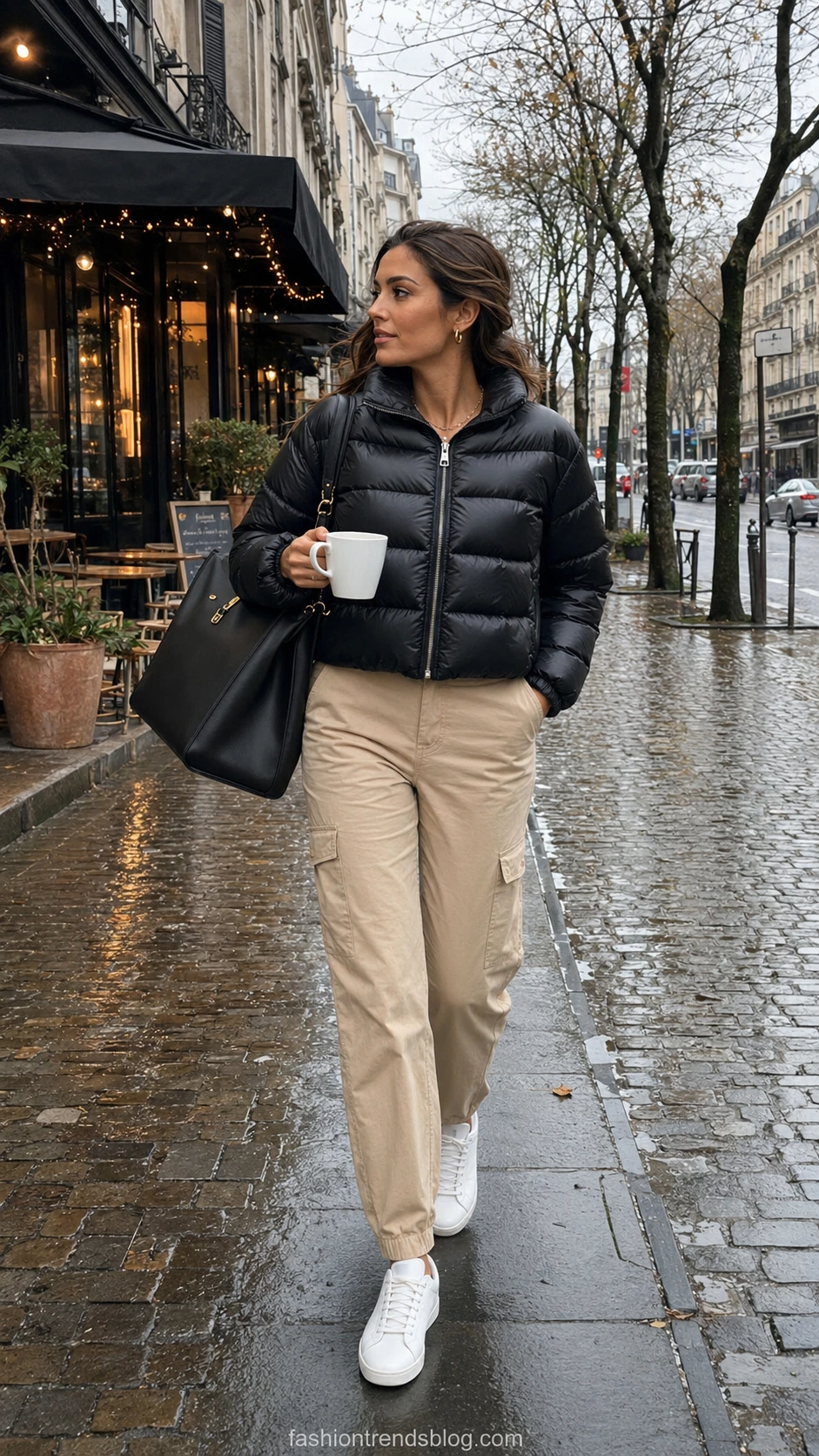 Woman in beige cargo pants and black puffer jacket walking on a wet autumn sidewalk, paired with white sneakers and a structured tote