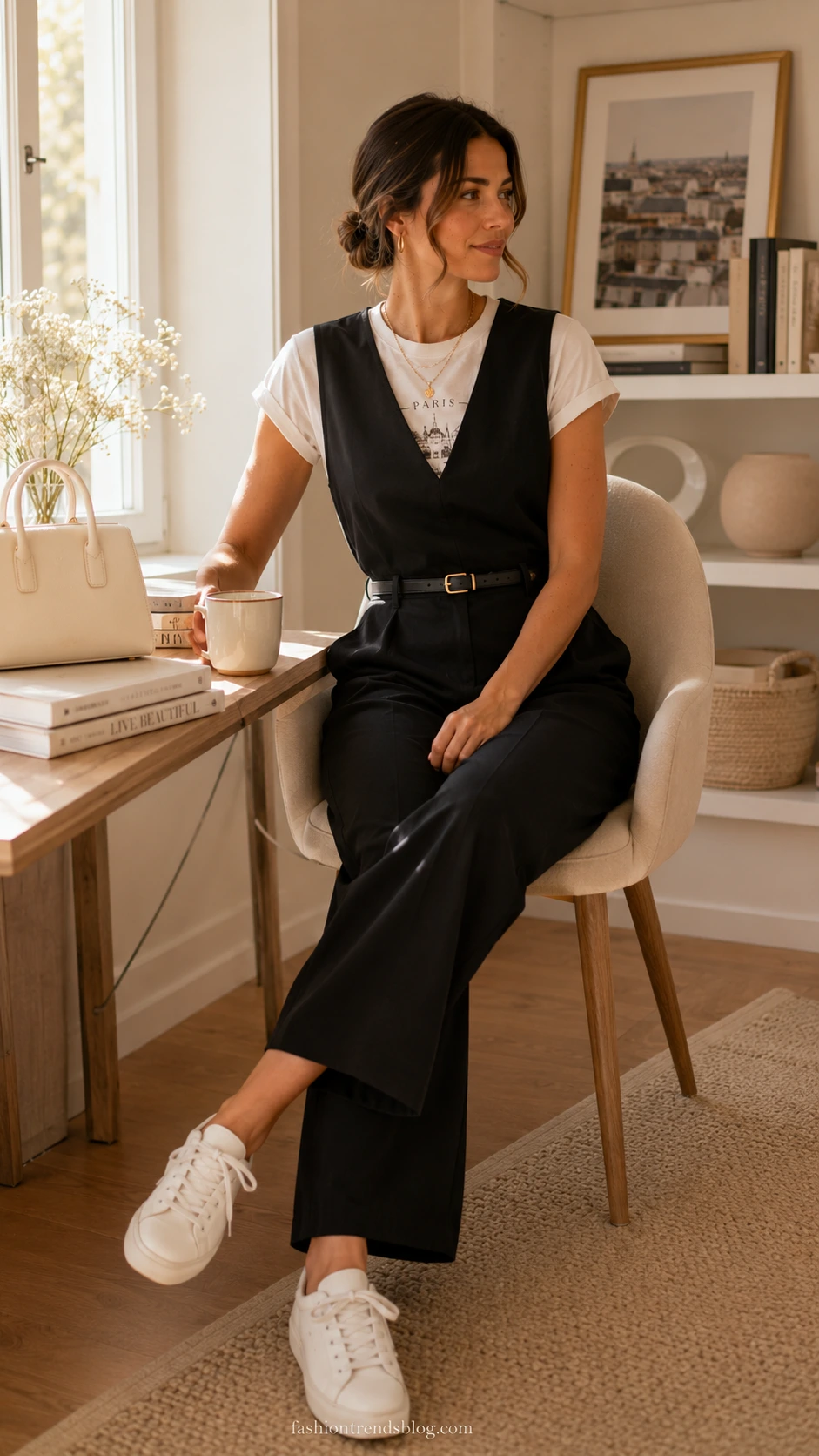 Teacher wearing a black sleeveless wide-leg jumpsuit with a white graphic tee tucked in, seated confidently at a bright desk