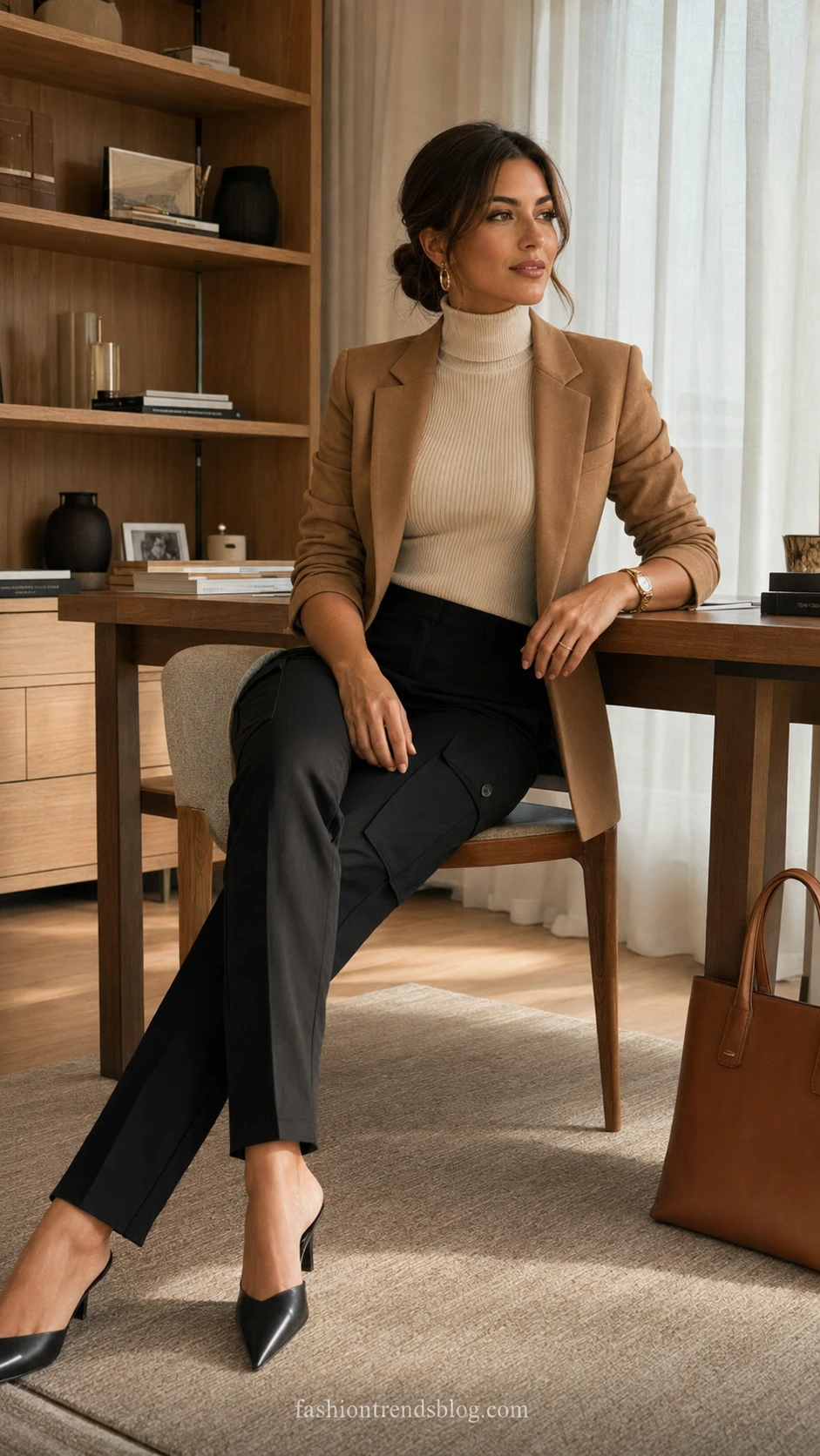 Woman in tailored black cargo pants and sharp blazer at a warm wood desk, proving utility meets polished office style