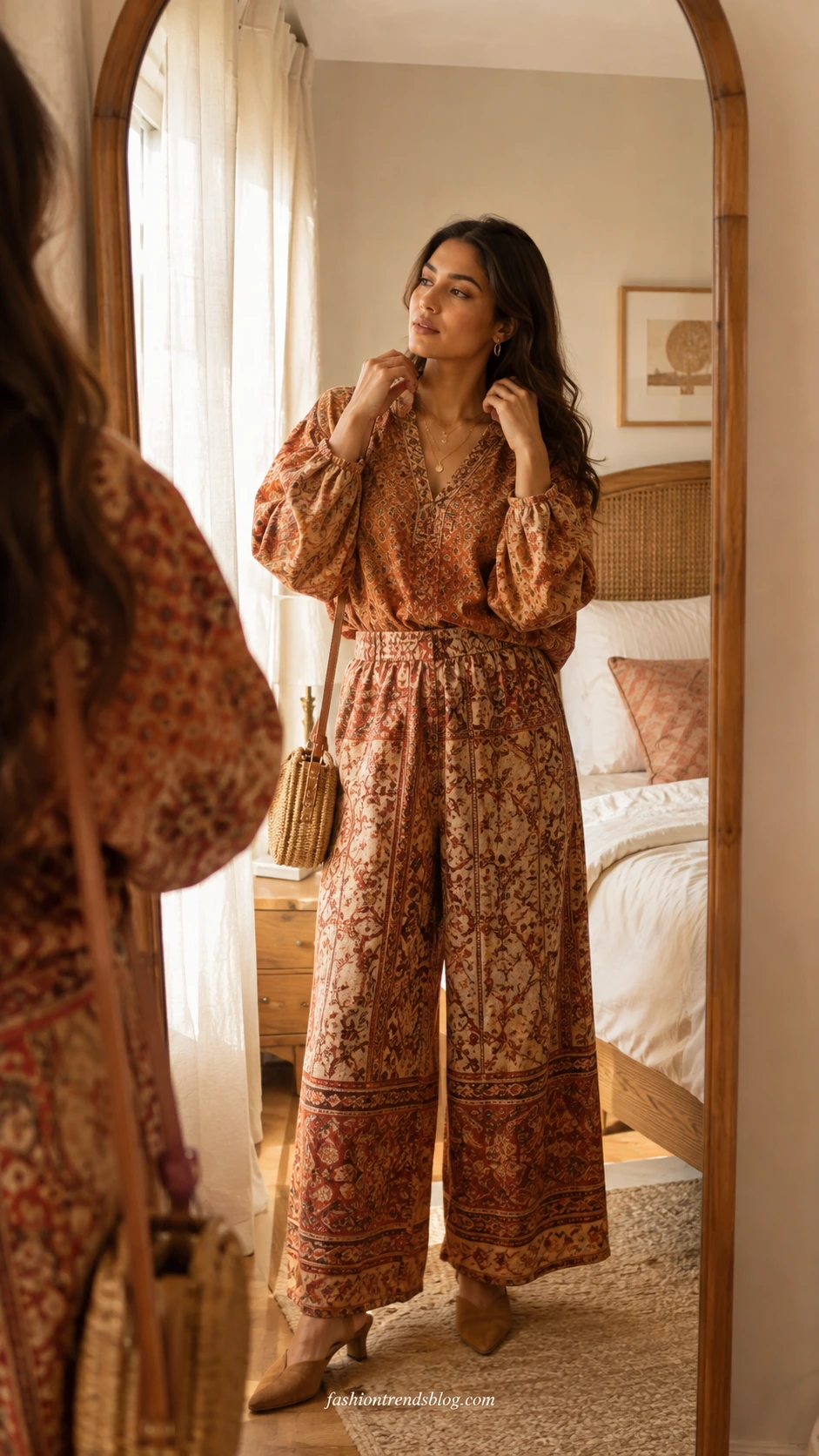 Woman styling a terracotta artisanal block-print boho co-ord set, adjusting gold layered necklace in a sunlit bedroom mirror