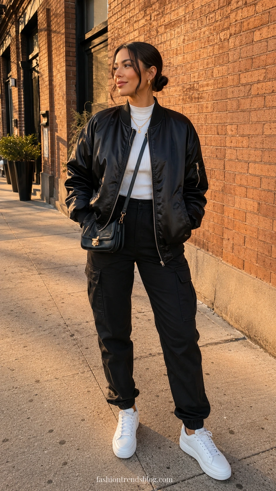 Woman styling oversized black satin bomber jacket with black cargo pants on urban sidewalk, showcasing a sleek monochromatic street outfit