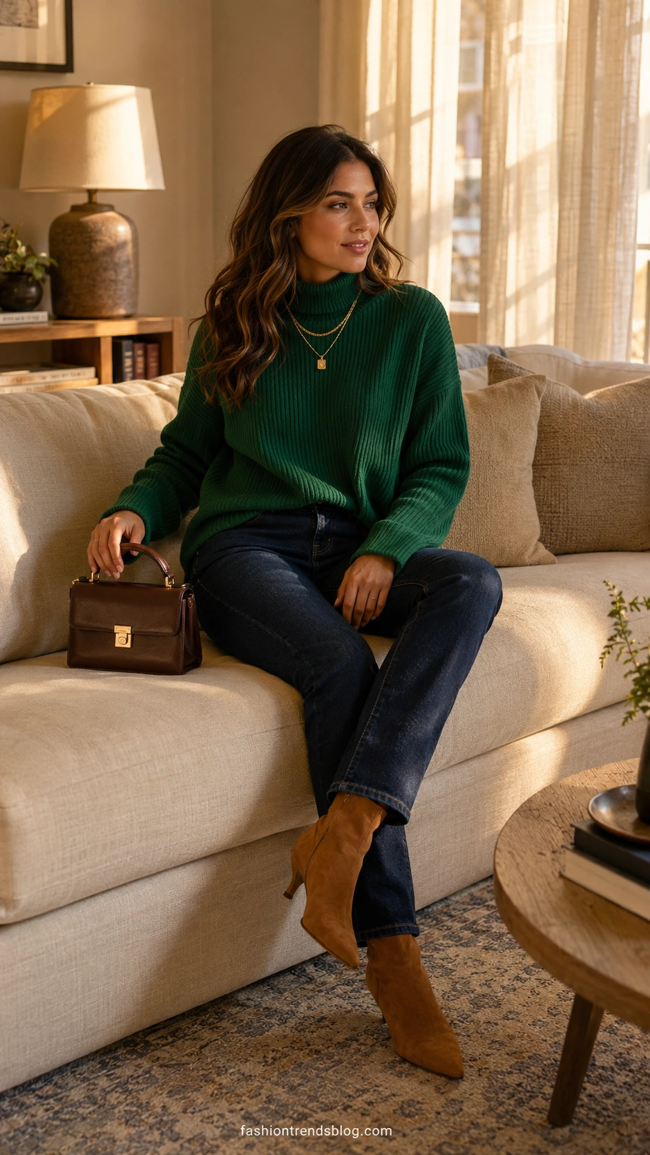 Woman in emerald green ribbed turtleneck knit and dark navy slim straight jeans seated on cream sofa — a chic jewel-tone birthday outfit idea