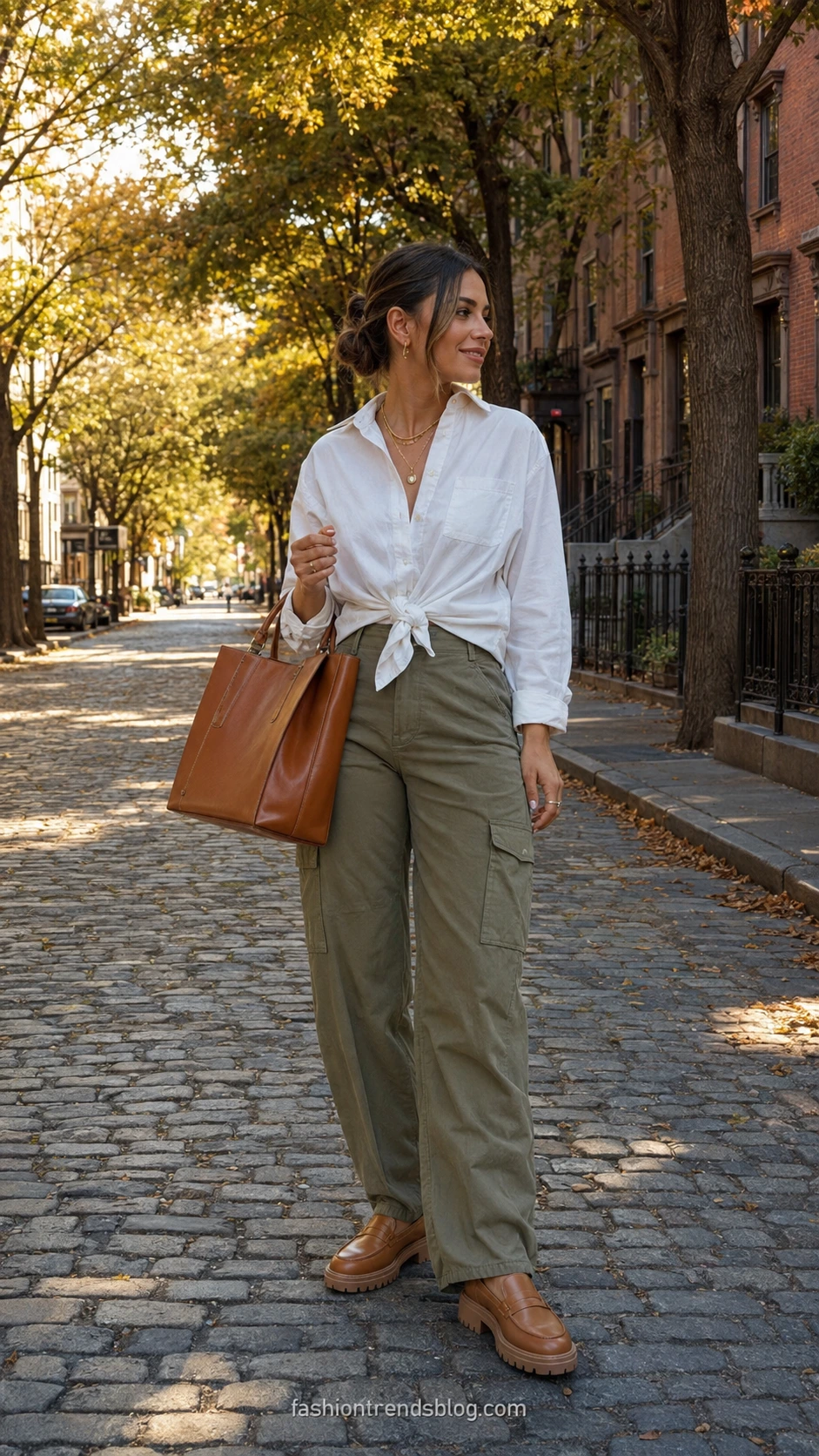 Woman wearing sage green cargo pants with a white button-down shirt knotted at the waist on a cobblestone street in golden autumn light